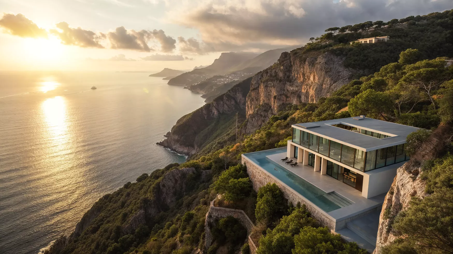 Modern luxury villa exterior visualization with warm evening lighting and landscaped grounds.