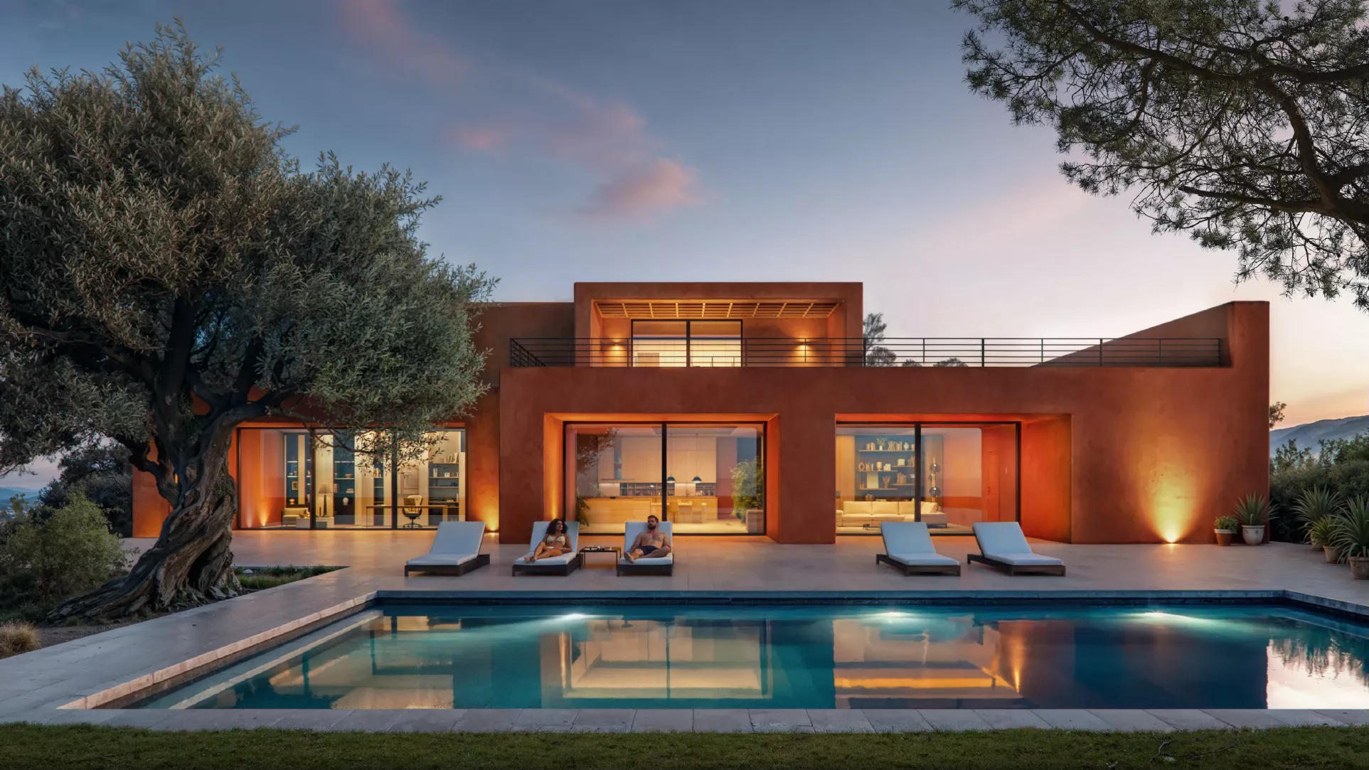 Luxury villa exterior at sunset with pool and landscaped terrace