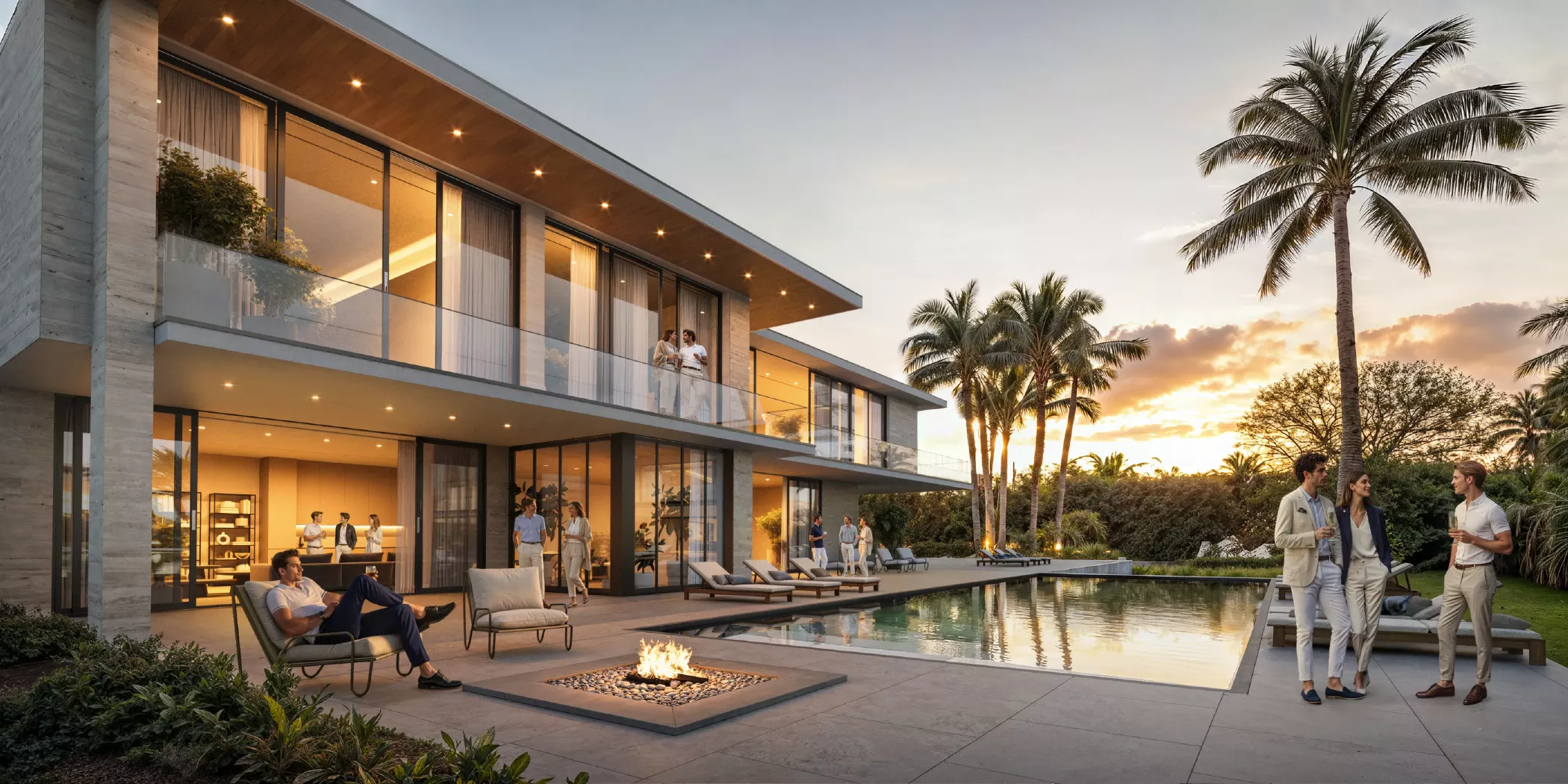 Modern luxury villa with large glass windows, outdoor pool, fire pit, palm trees, and people socializing during sunset.