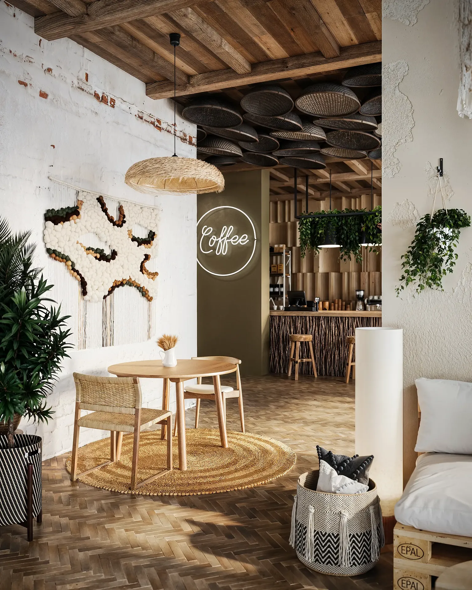 Cozy table for two in a stylish walkway leading towards the main bar and coffee station.