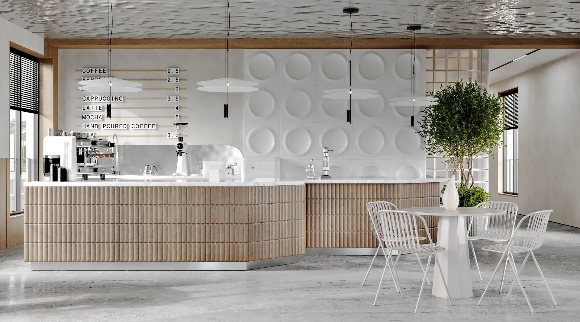 Modern cafe view showing the main bar counter and an adjacent table for four.