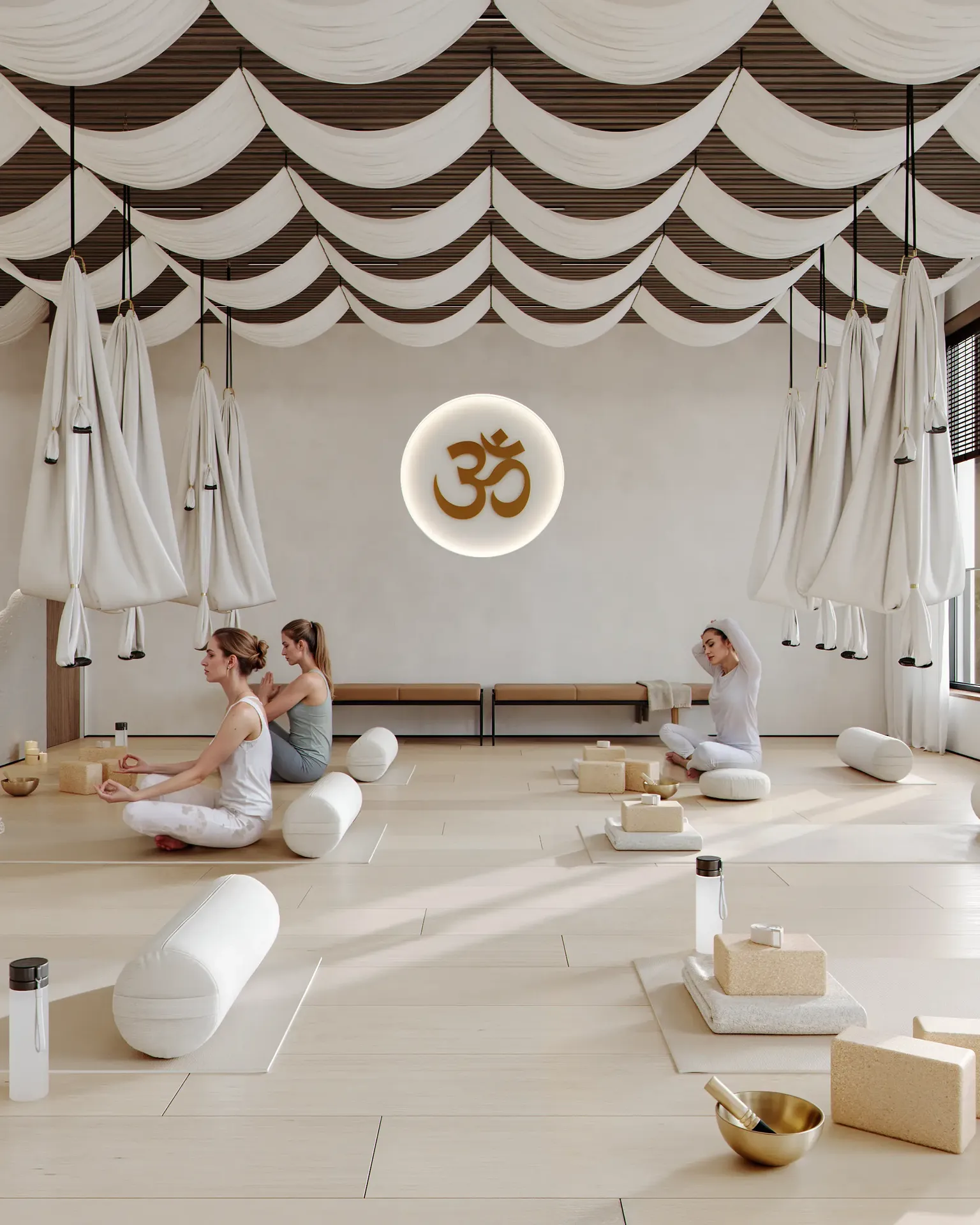 Serene studio ambience during a group yoga session.
