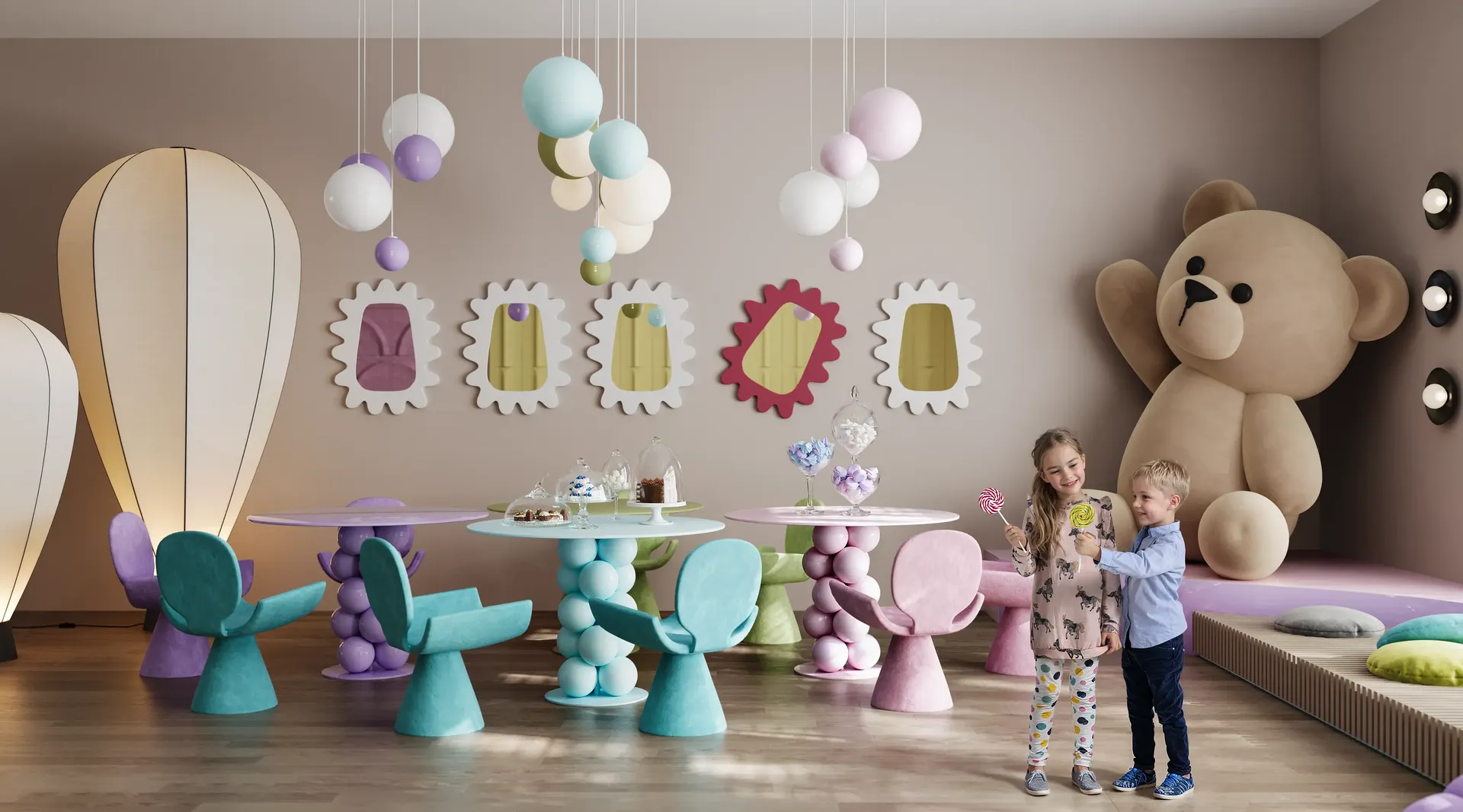 Festive dining and party area in a children's center, decorated for a kids' birthday celebration.