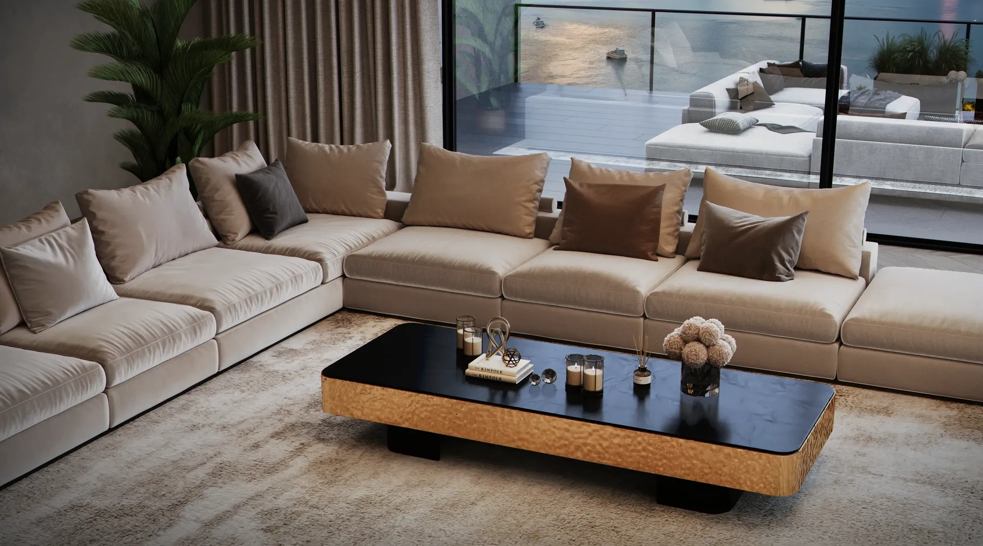 Overhead view of a chic penthouse lounge, highlighting a contemporary sofa arrangement and a stylish coffee table.