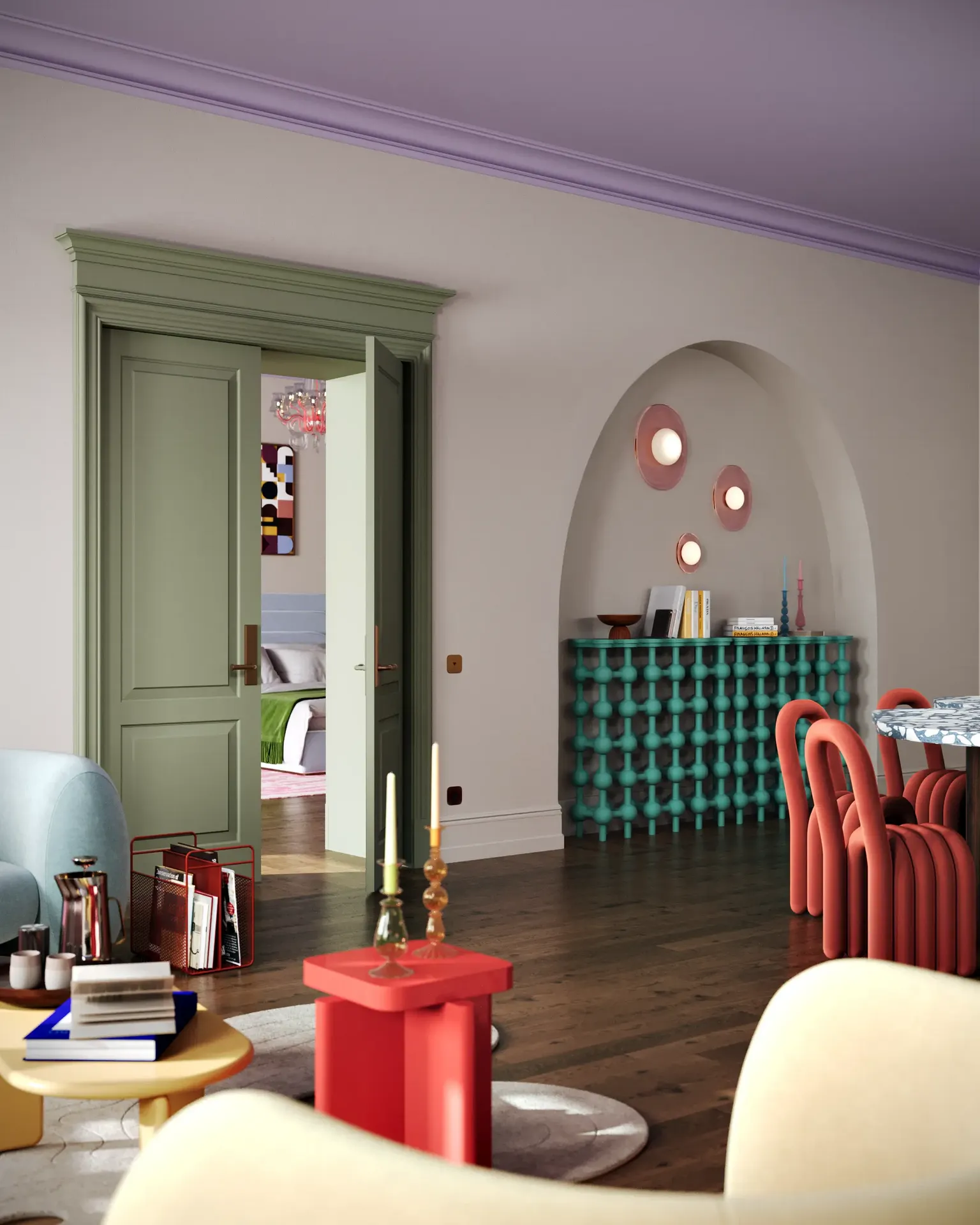 View towards a bedroom entrance in a Pop Art interior, flanked by quirky, modern coffee tables.