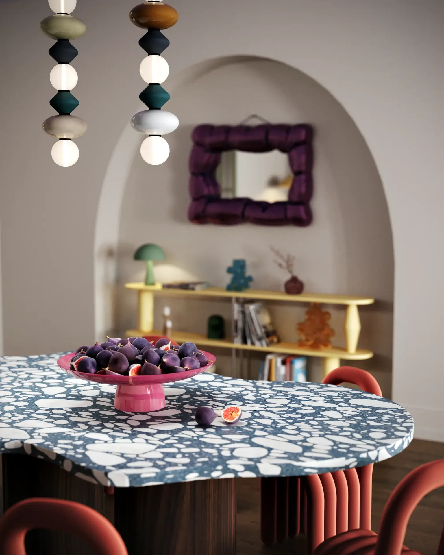 Close-up of a modern coffee table, styled with a contemporary vase holding fresh figs.