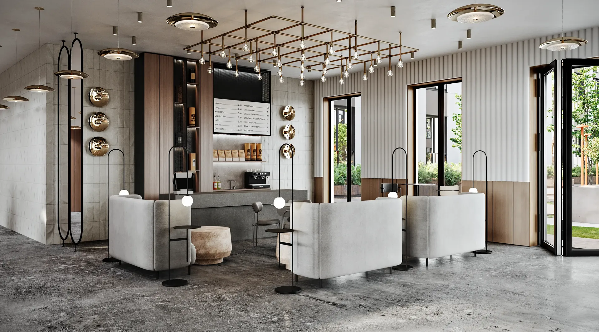 Modern cafe with a sleek bar, private high-back tables, and access to an outdoor courtyard.