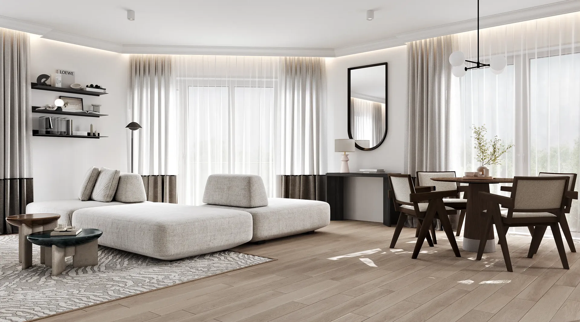 Corner view of the living area, showing the sofa group, a modern sideboard, and the dining table.