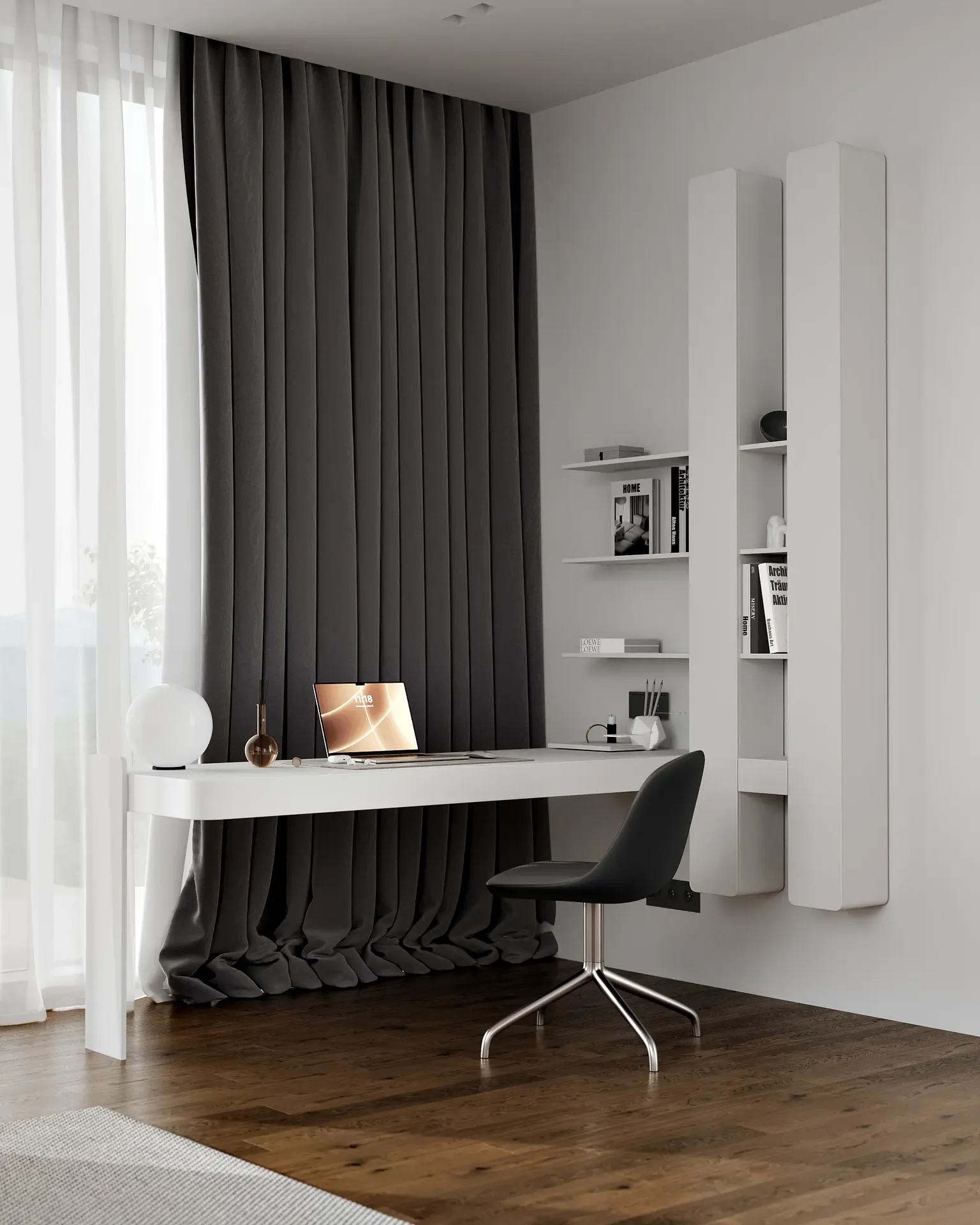 Functional workspace in the modern guest room, featuring a sleek desk and integrated shelving.