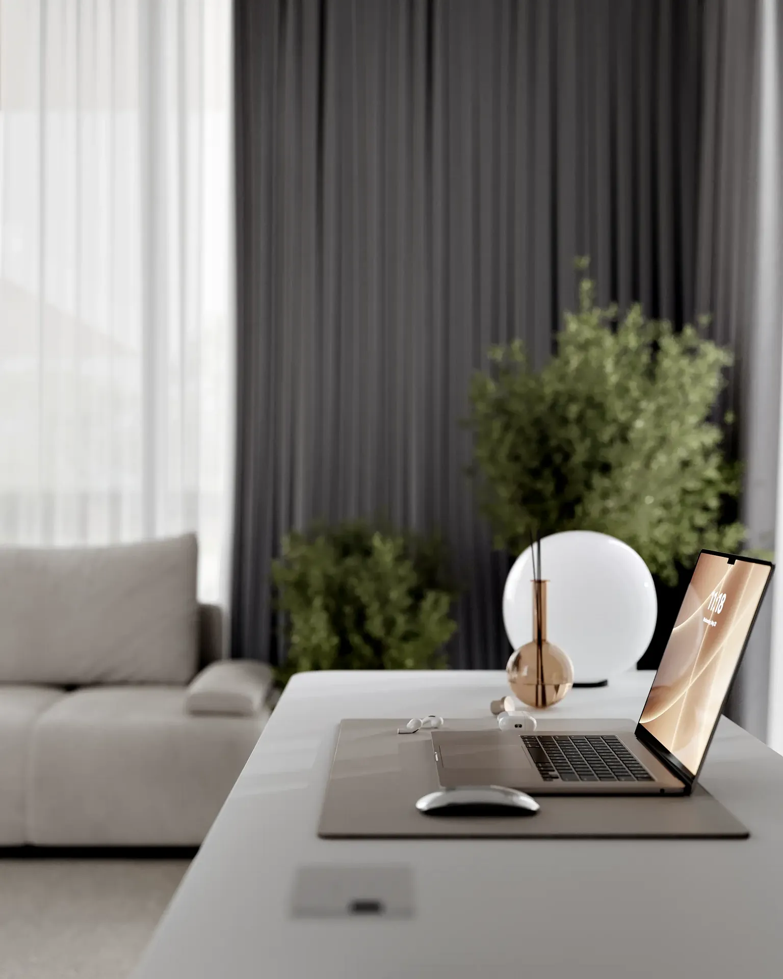Close-up of stylish, minimalist decor arranged on the modern desk in the guest room.