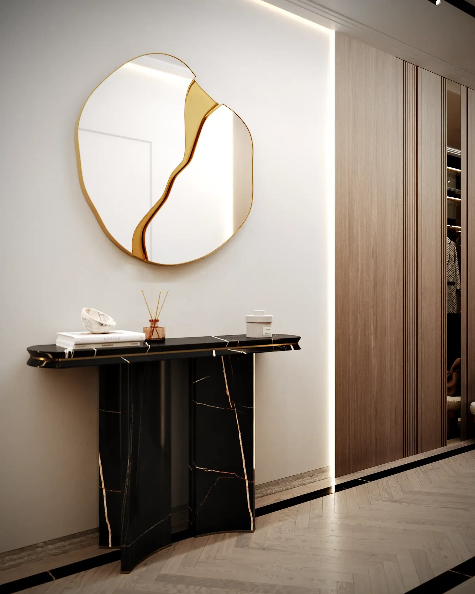 Modern hallway vignette with a sleek, minimalist console table and a large round mirror.