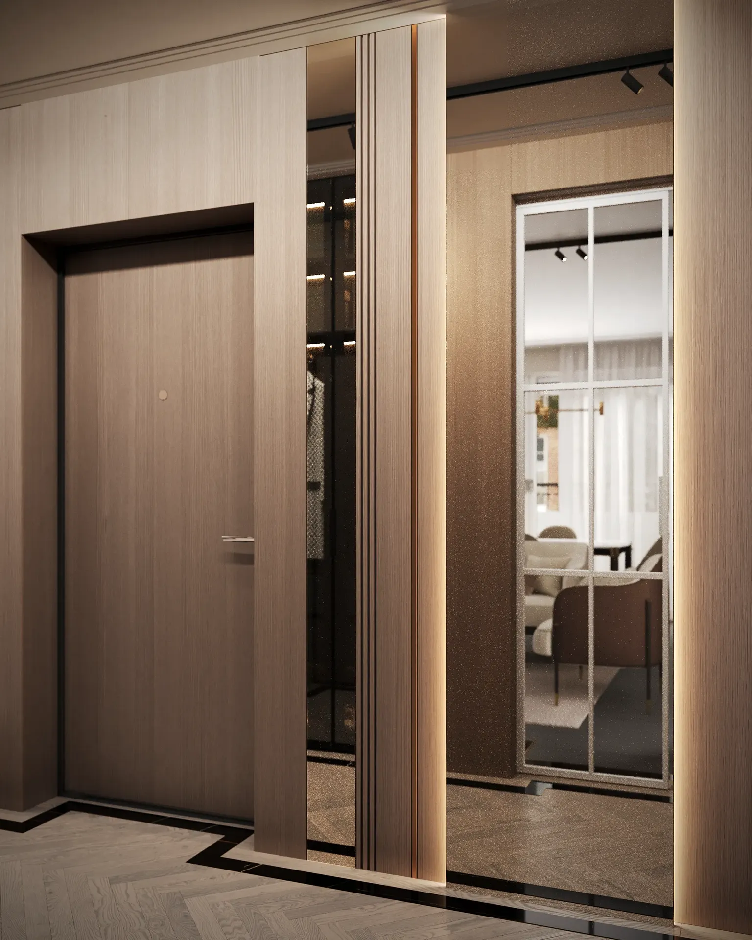 Corner view of the apartment entryway, showing the bench, mirror, and minimalist decor.