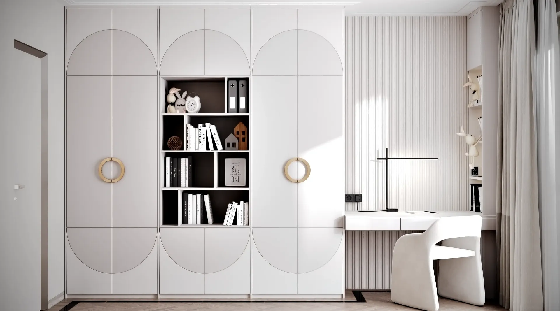 View of the teenager's room, showing the built-in wardrobe and adjacent minimalist desk area.