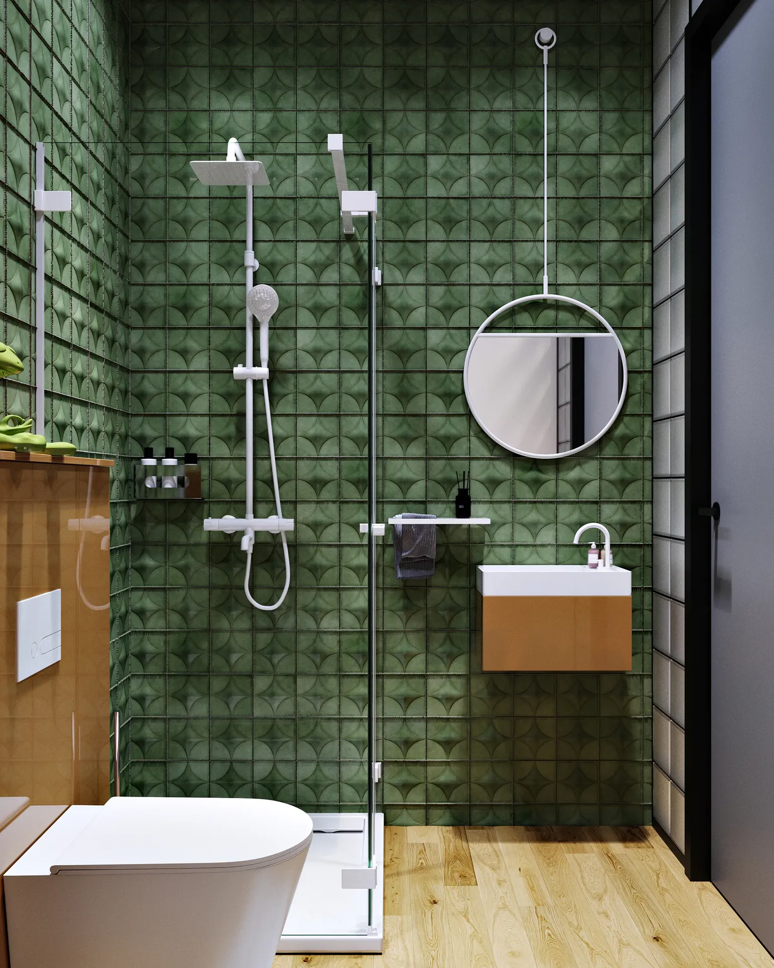 Bathroom vanity with mirror, shower, and toilet fixture detail