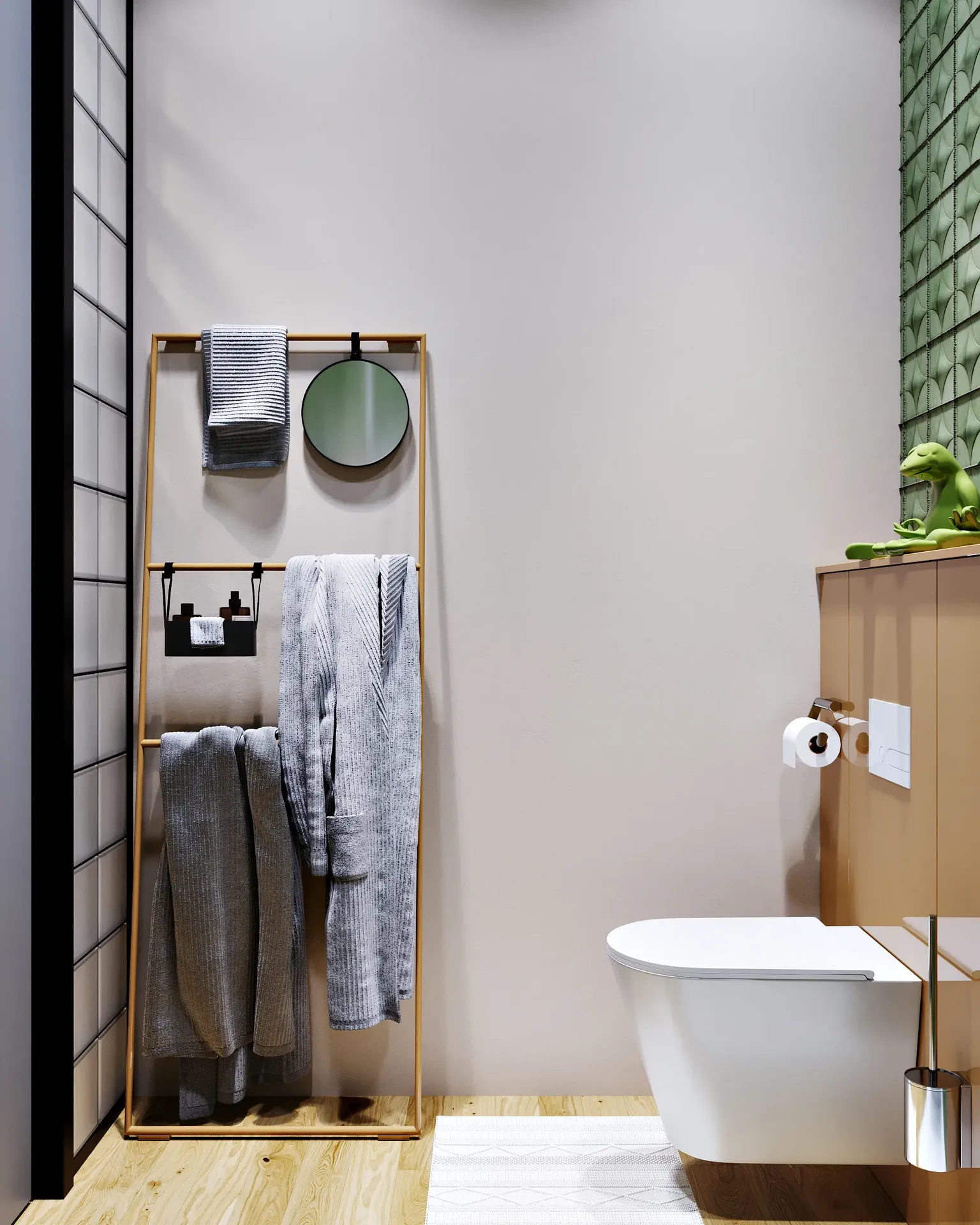 Modern towel rack stand, bathroom entrance, and toilet unit