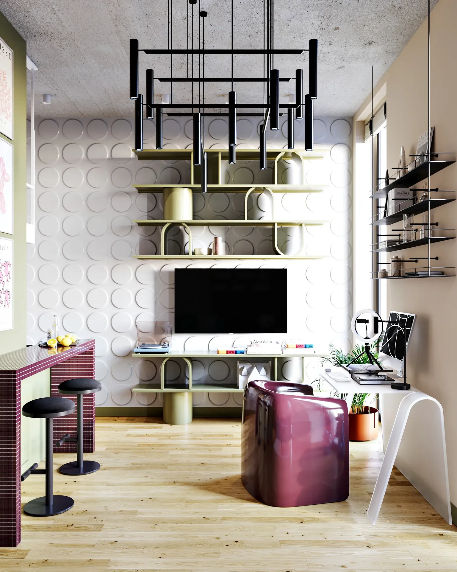 Modern living space with TV wall, home office desk, and bar