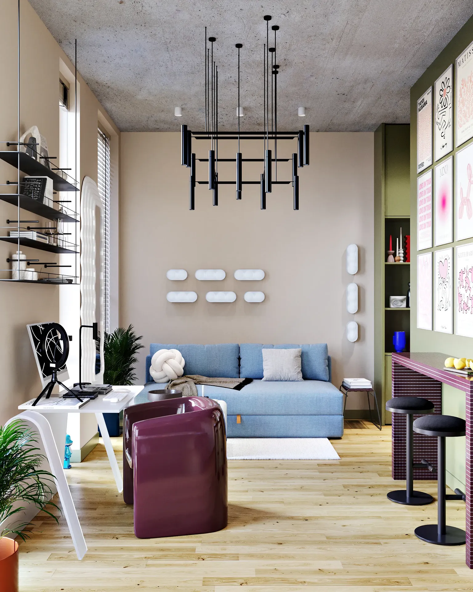 Open-concept room with workspace, sofa, and breakfast bar