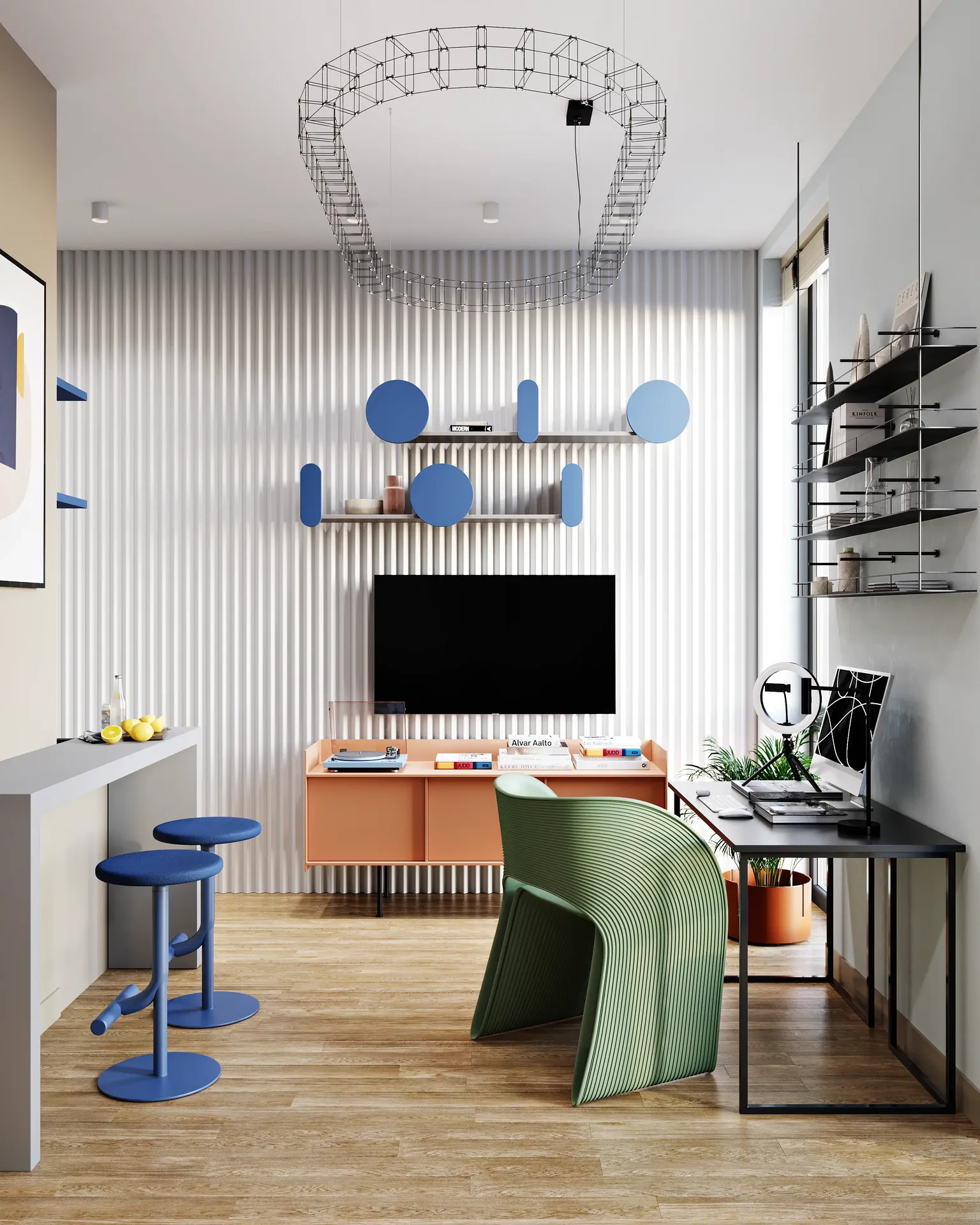 Modern living space with TV wall, home office desk, and bar