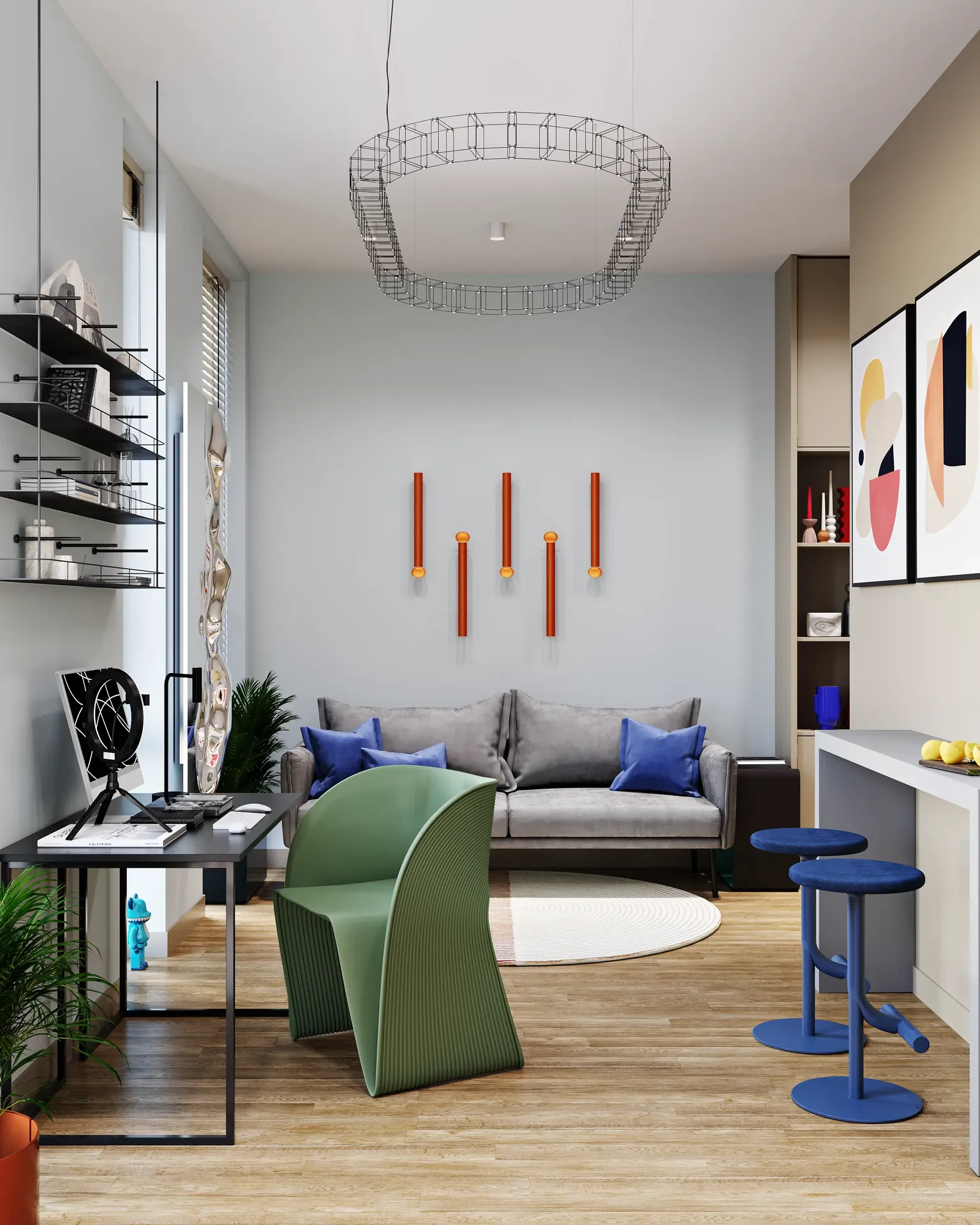 Open-concept room with workspace, sofa, and breakfast bar