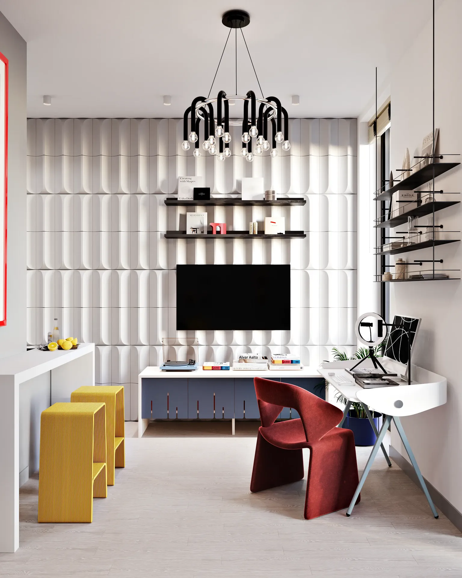Modern living space with TV wall, home office desk, and bar