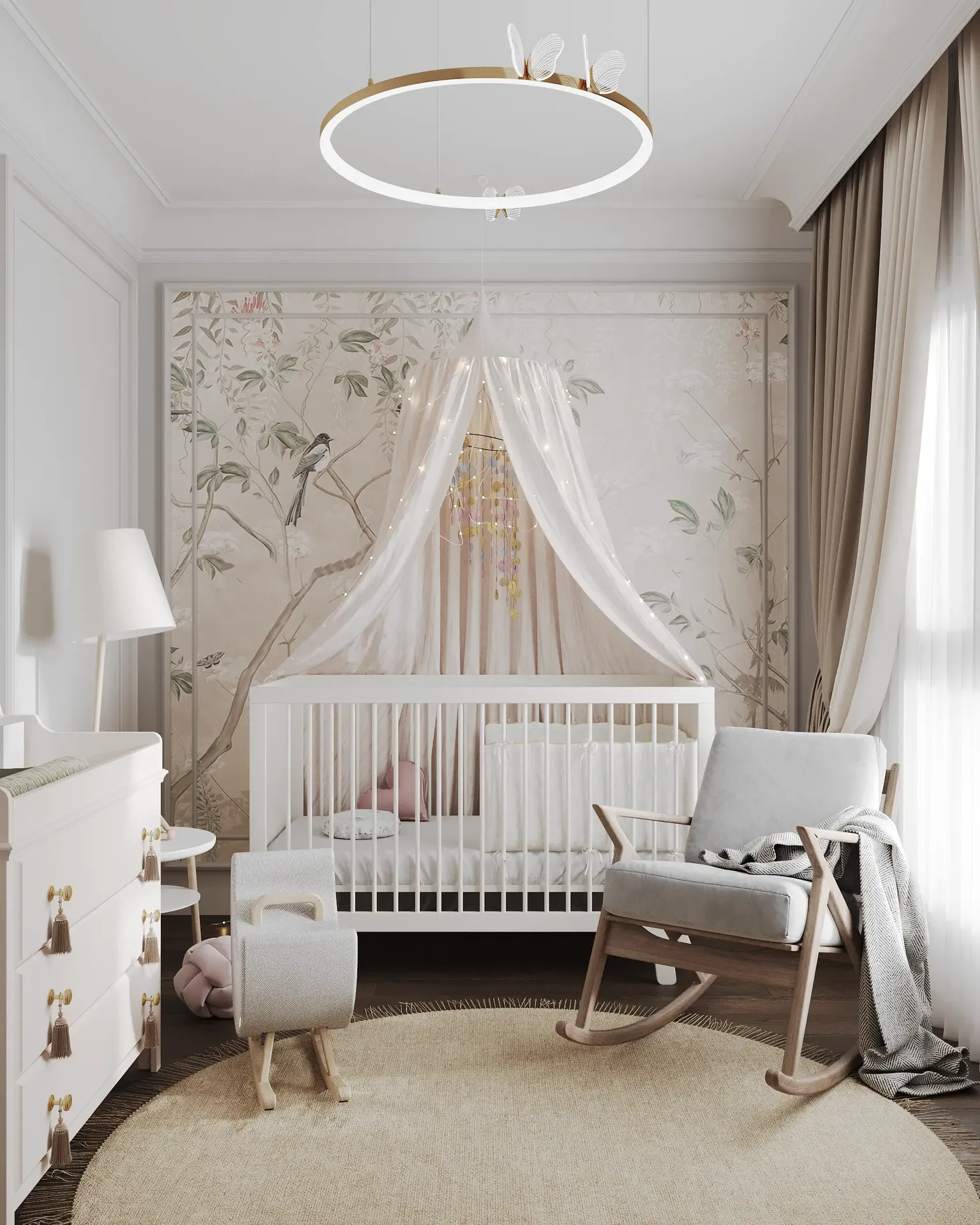 Nursery interior with crib, dresser, and nursing chair