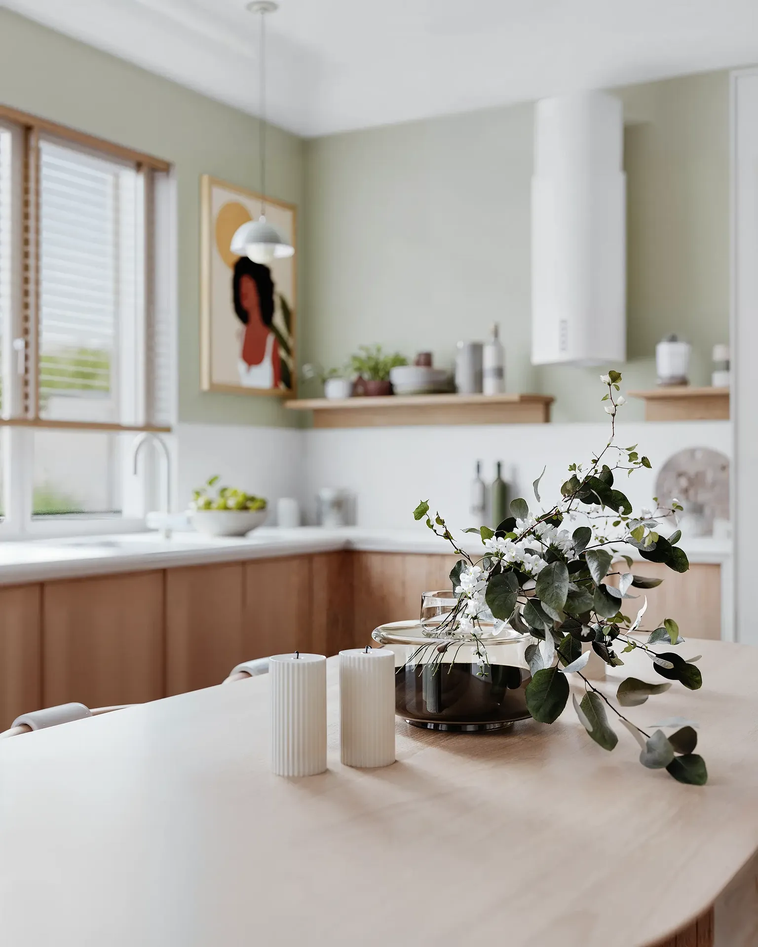 Close-up of dining table decor with a glimpse of kitchen cabinetry.