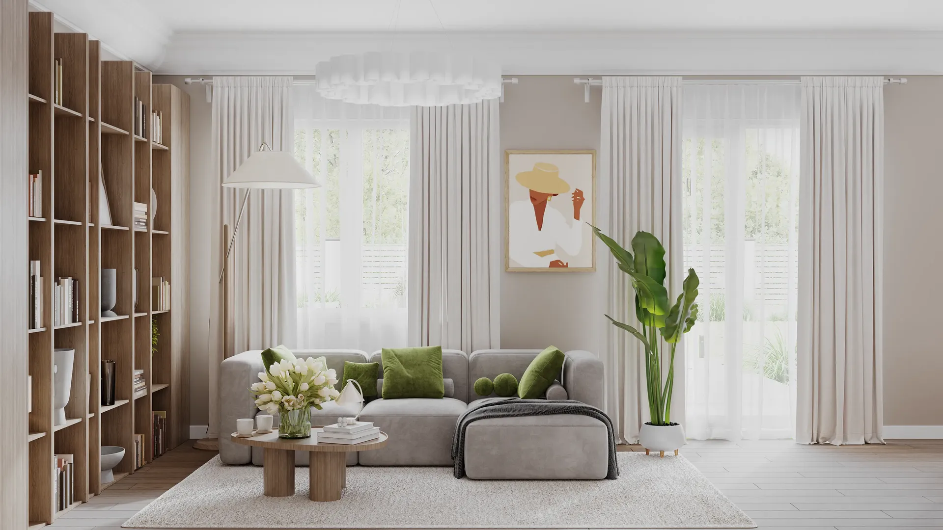 Front view of a living room with a sofa, decor, plants, and large windows.