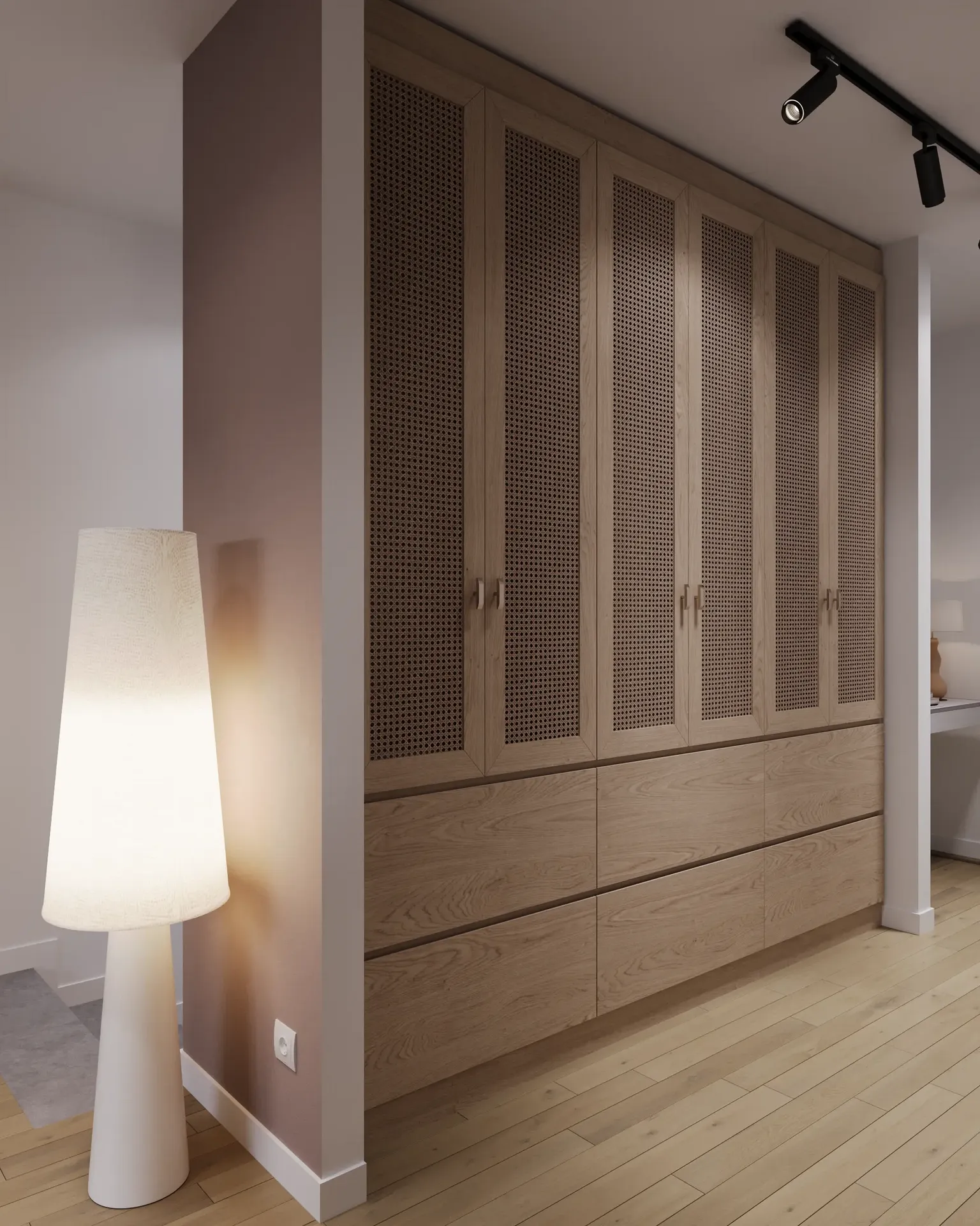 Angled view of a wardrobe and floor lamp.