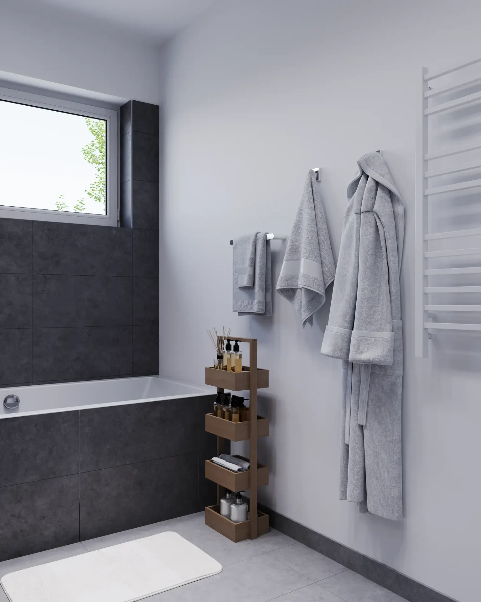 Angled bathroom storage with shelves and robe hooks.