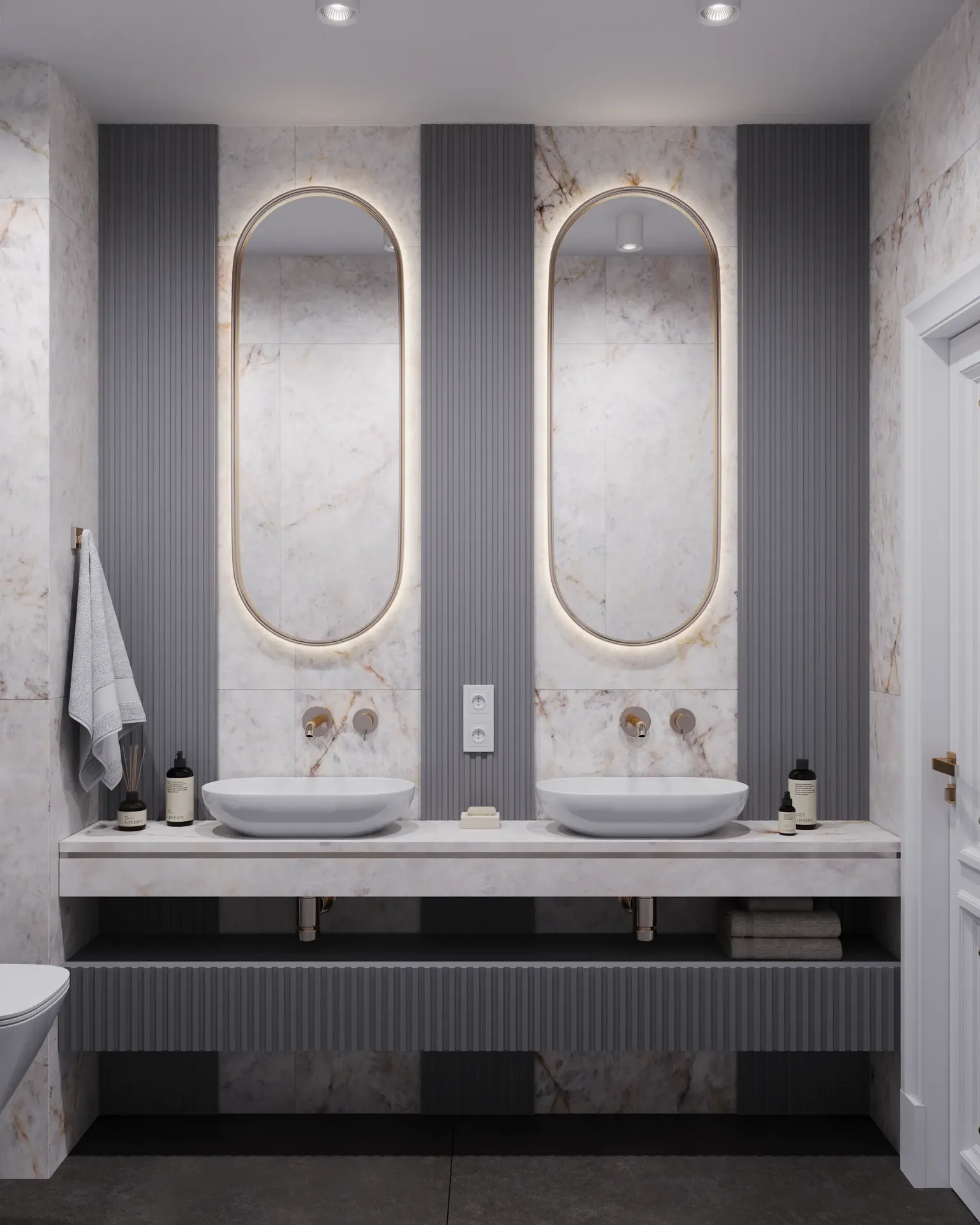 Double vanity unit with mirrors in ground floor bathroom