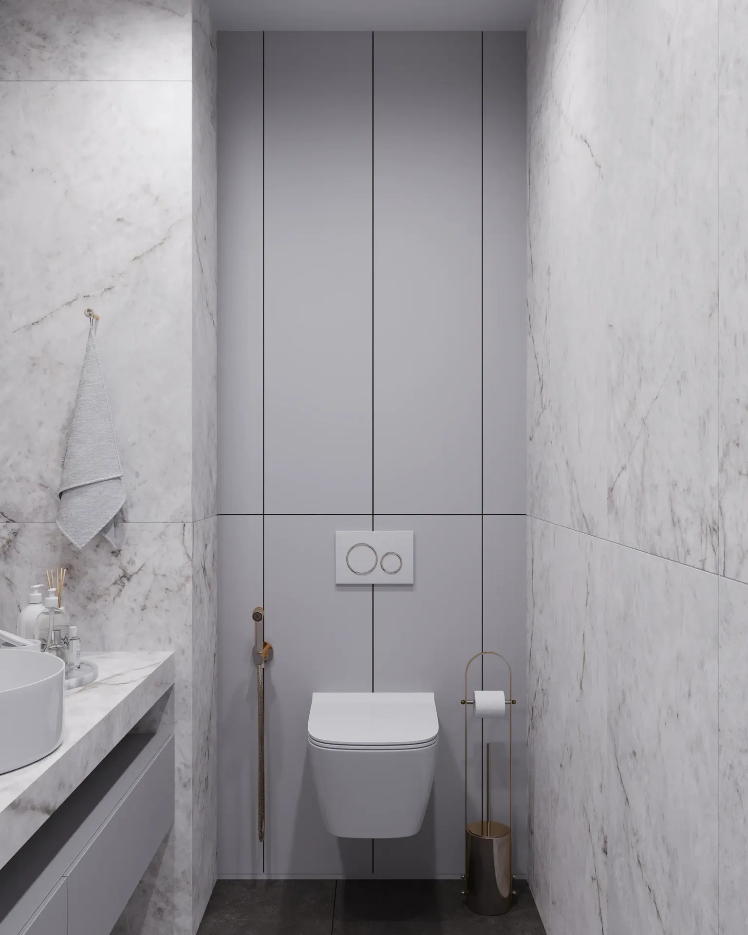 Minimalist wall-hung toilet in secondary ground floor bath