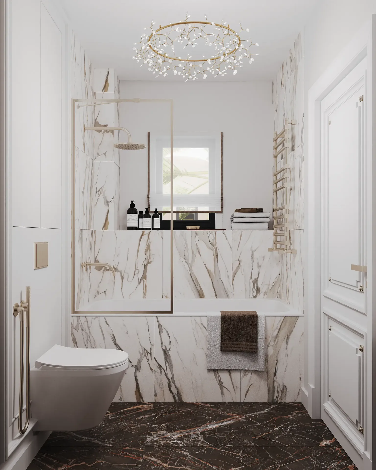 Bright bathroom with window-side bathtub and toilet