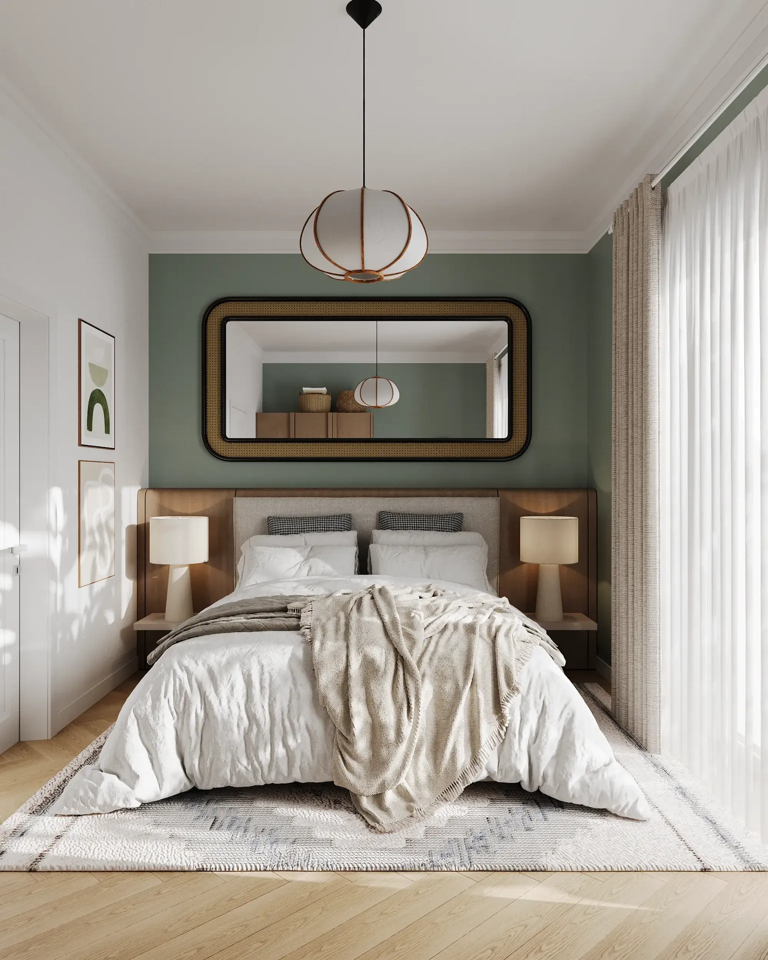 Front view of a bed with side tables, lamps, and a mirror above.