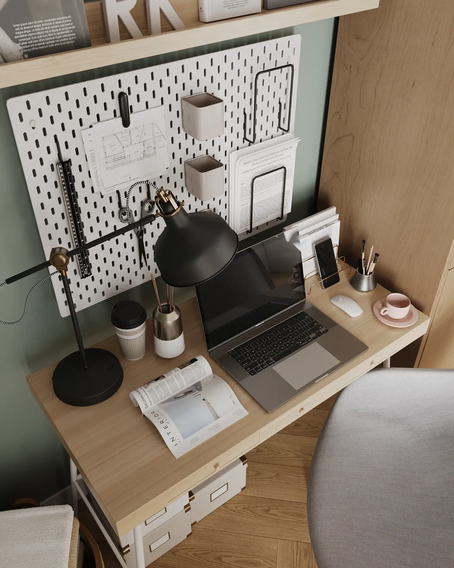 Top-down view of a workspace with a desk and chair.