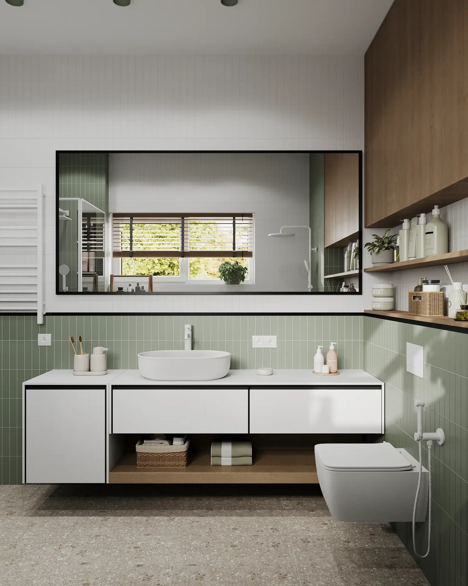 Front view of a sink vanity, mirror, and part of the toilet.