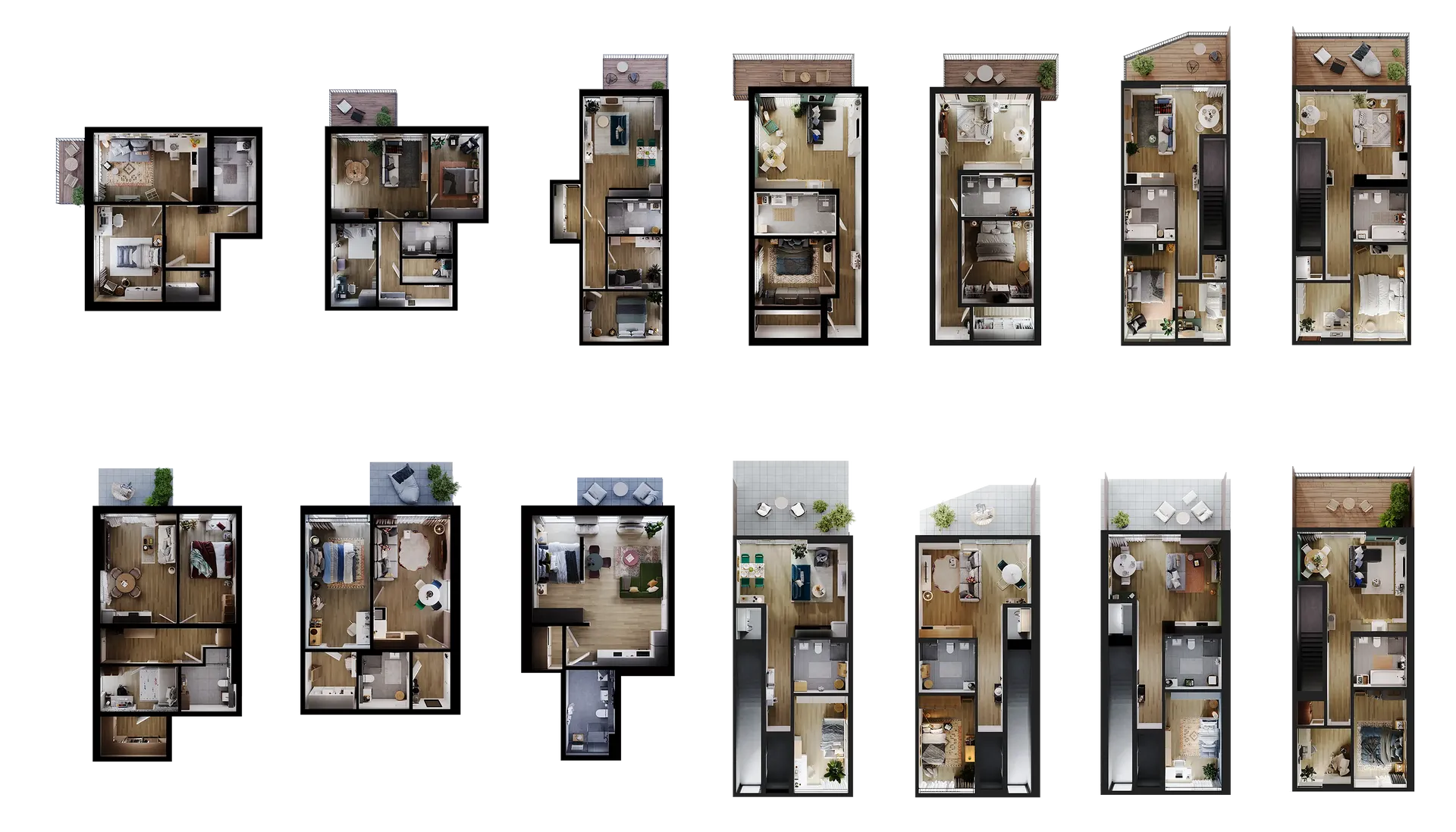 Collage of top-down floor plan layouts for a modern townhouse complex.