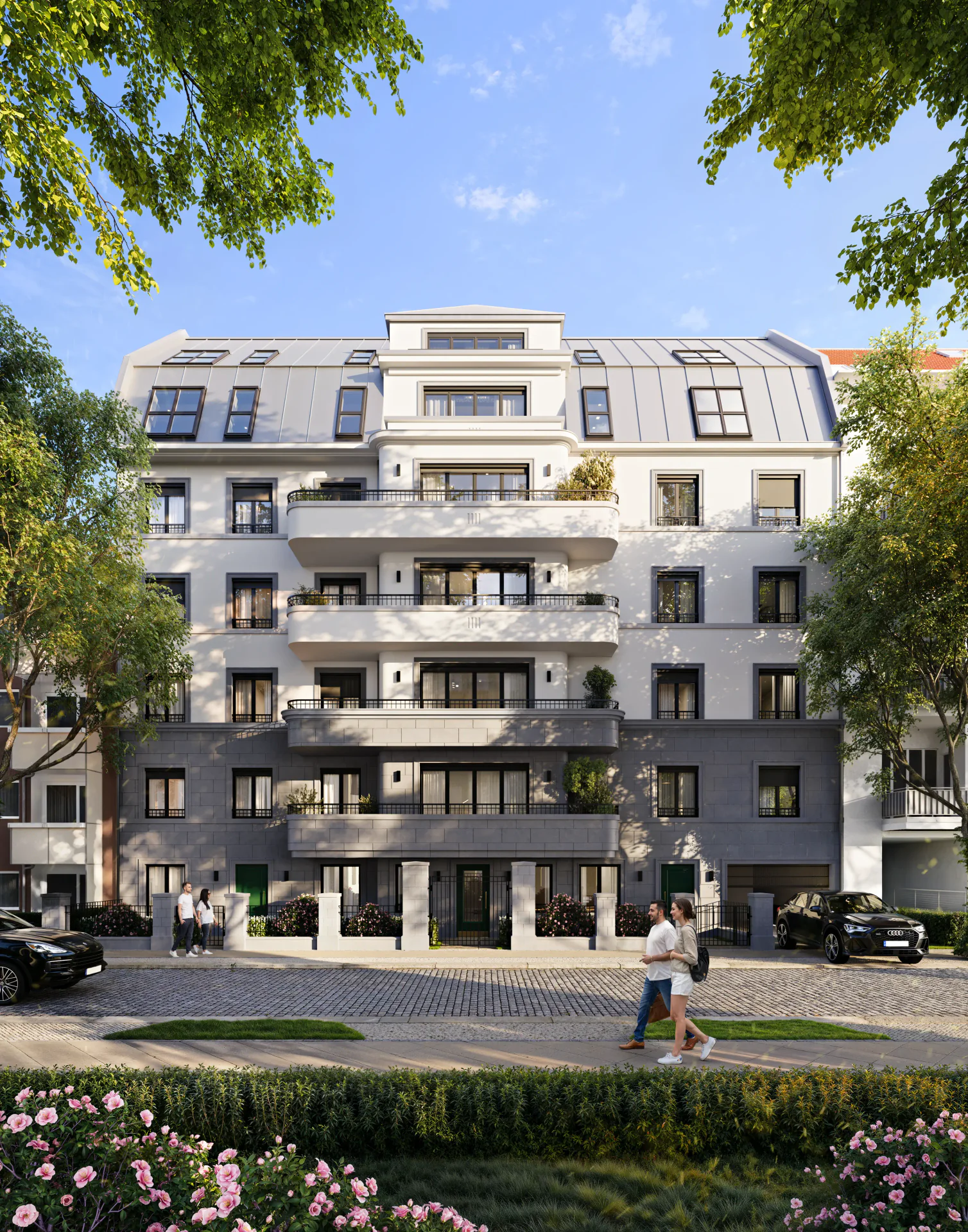 Frontal view of a modern residential building facade with pedestrians on the street below.
