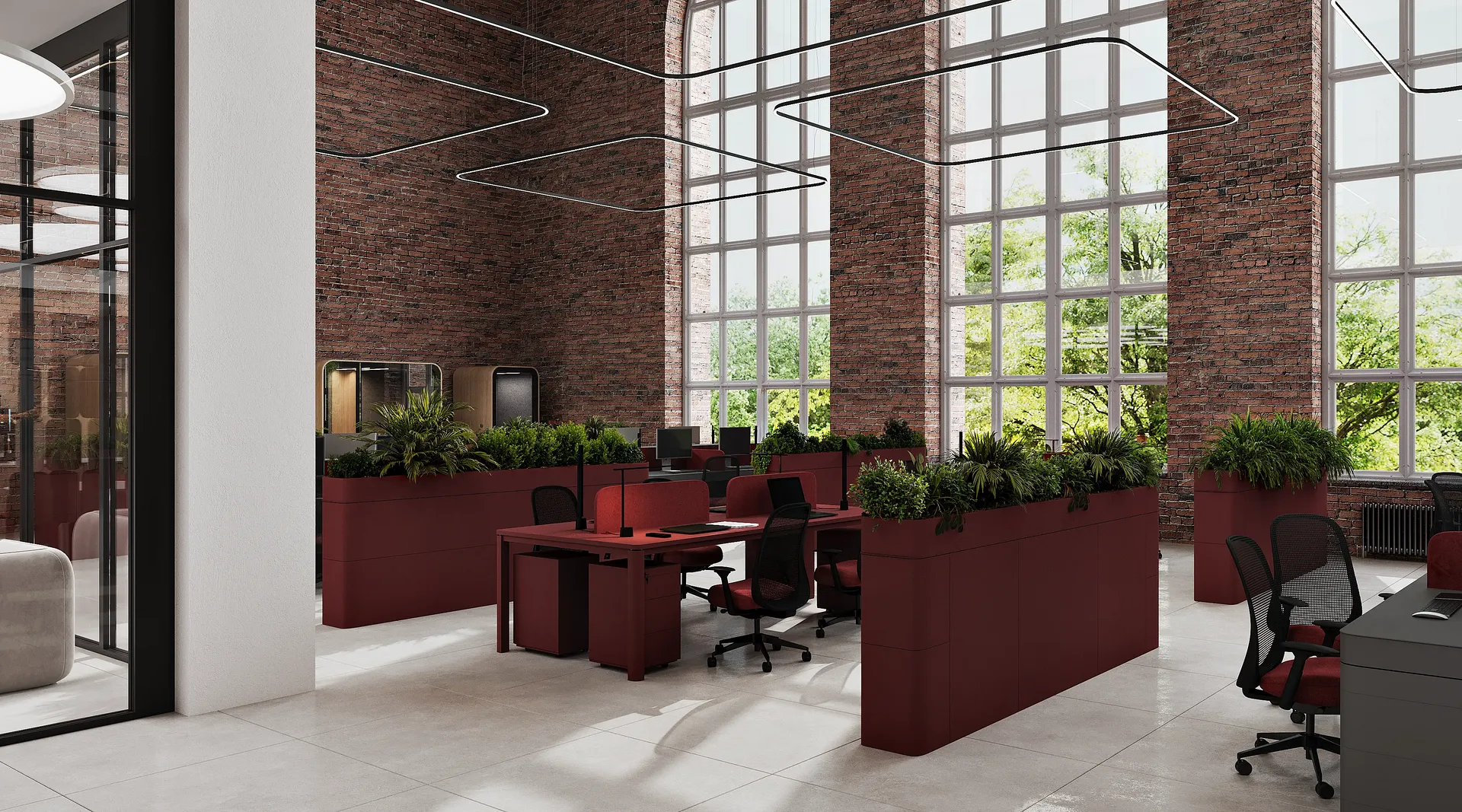 Modern open office workspace featuring partitioned desks and acoustic meeting pods.