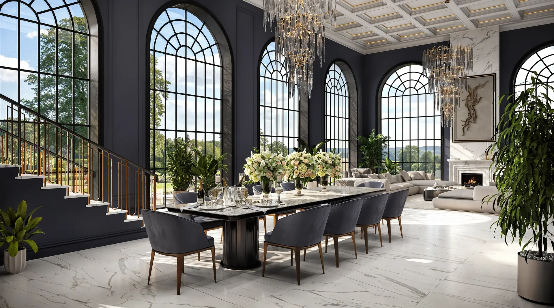 Coin repas luxueux dans une villa classique, doté de grandes fenêtres, d'un grand escalier et d'une cheminée.