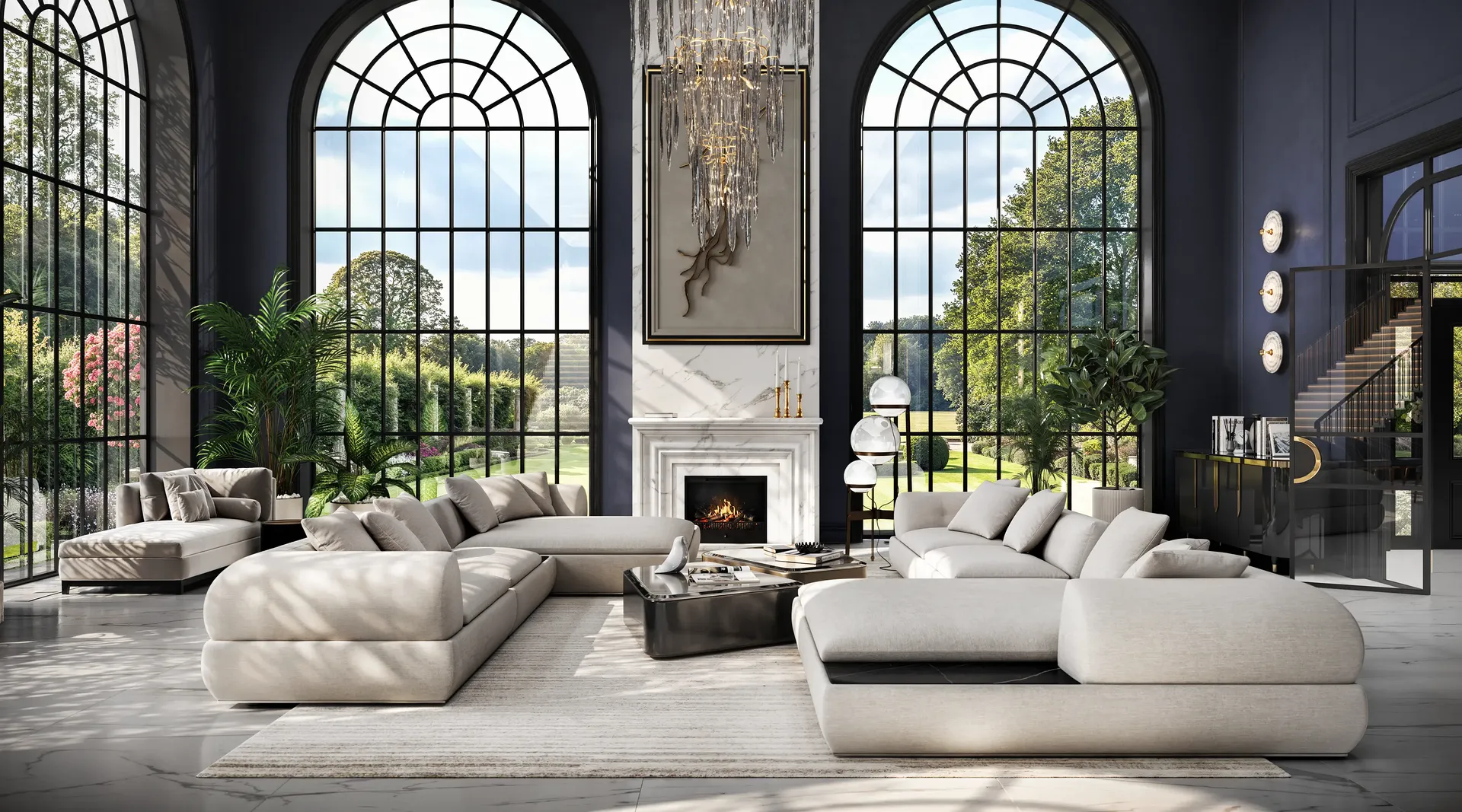 Salon classique avec un fauteuil confortable et un coin lecture ottoman près d'une grande fenêtre.