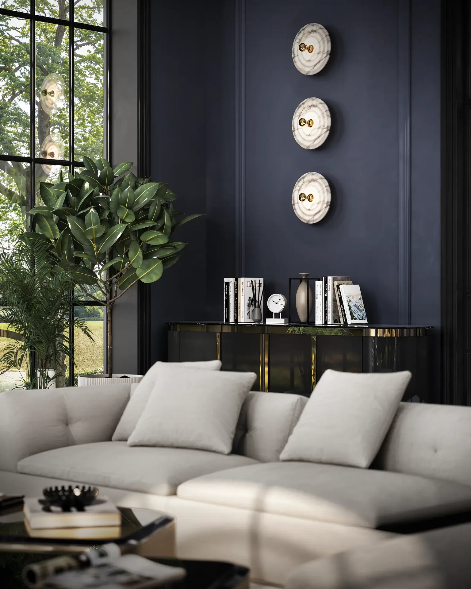 Photo détaillée d'un salon classique, mettant en valeur une console en bois sombre, un canapé et une élégante applique murale.