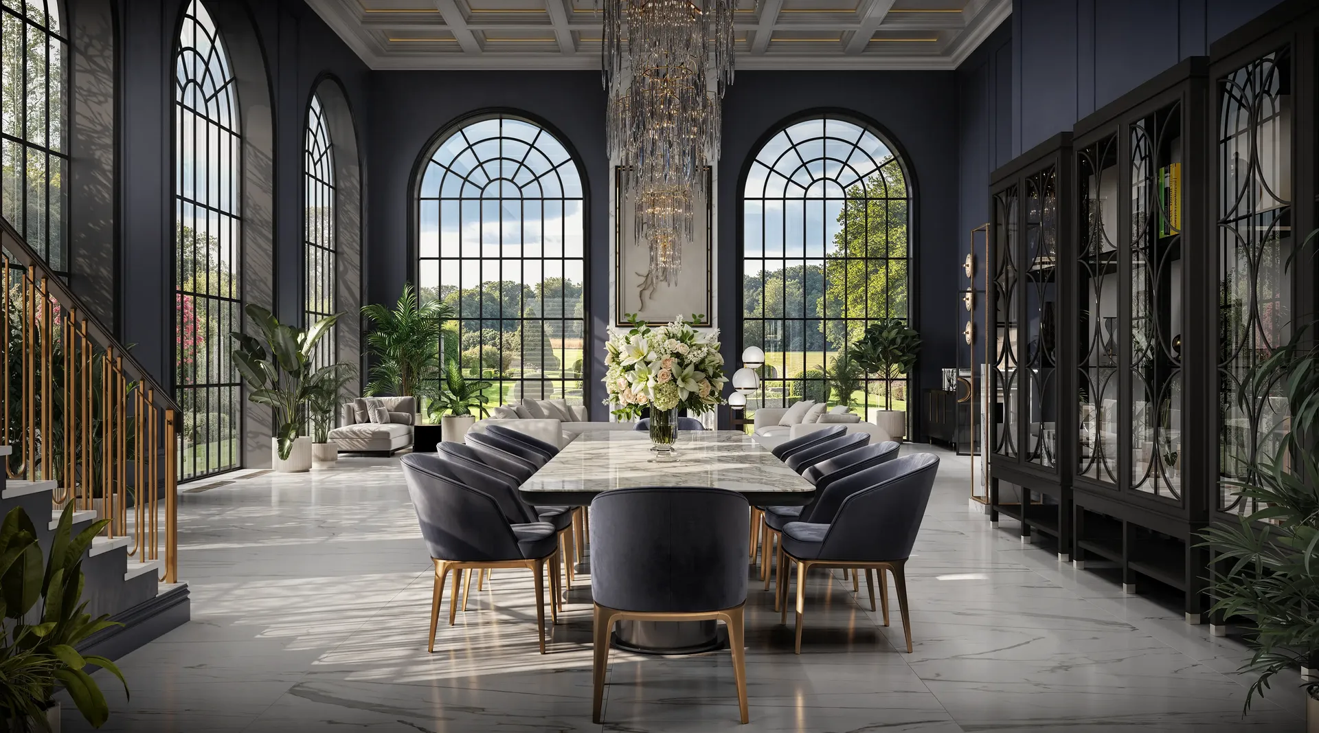 Vue depuis l'entrée de la cuisine donnant sur la salle à manger classique, le salon et le grand escalier.