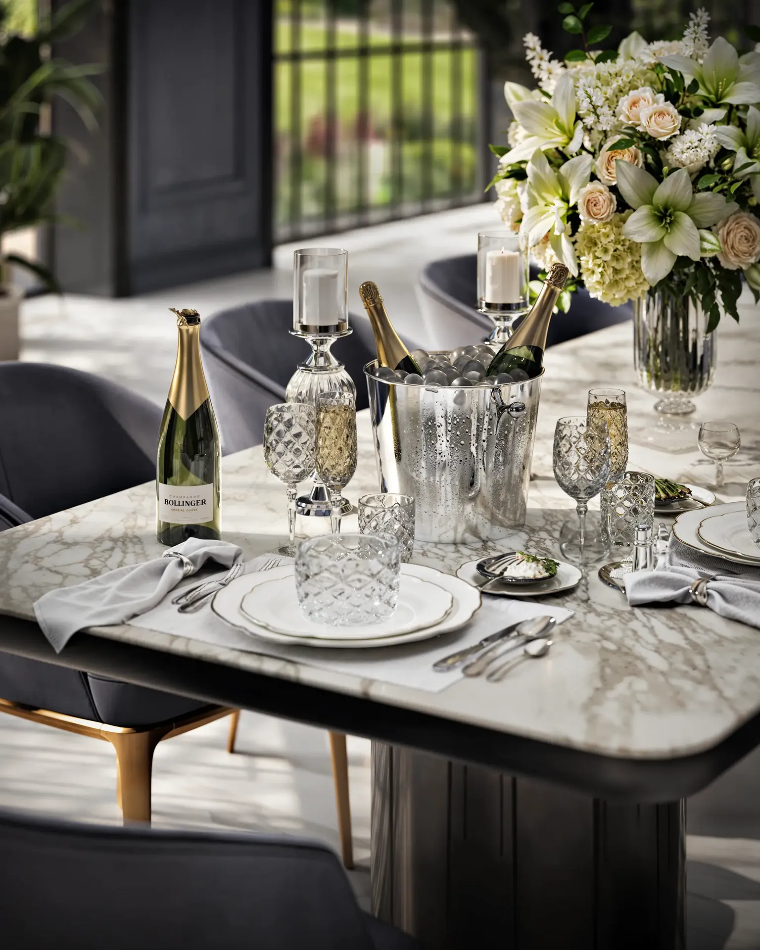 Close-up of an elegant tablescape and centerpiece on a classic dark wood dining table.
