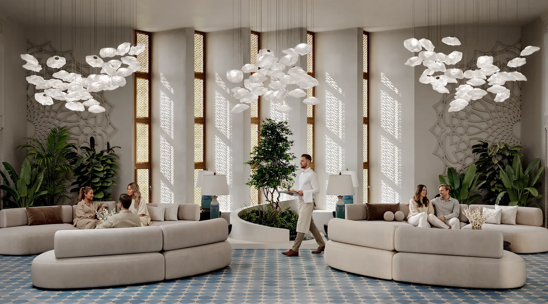 General view of a main lobby area with people waiting to check in.