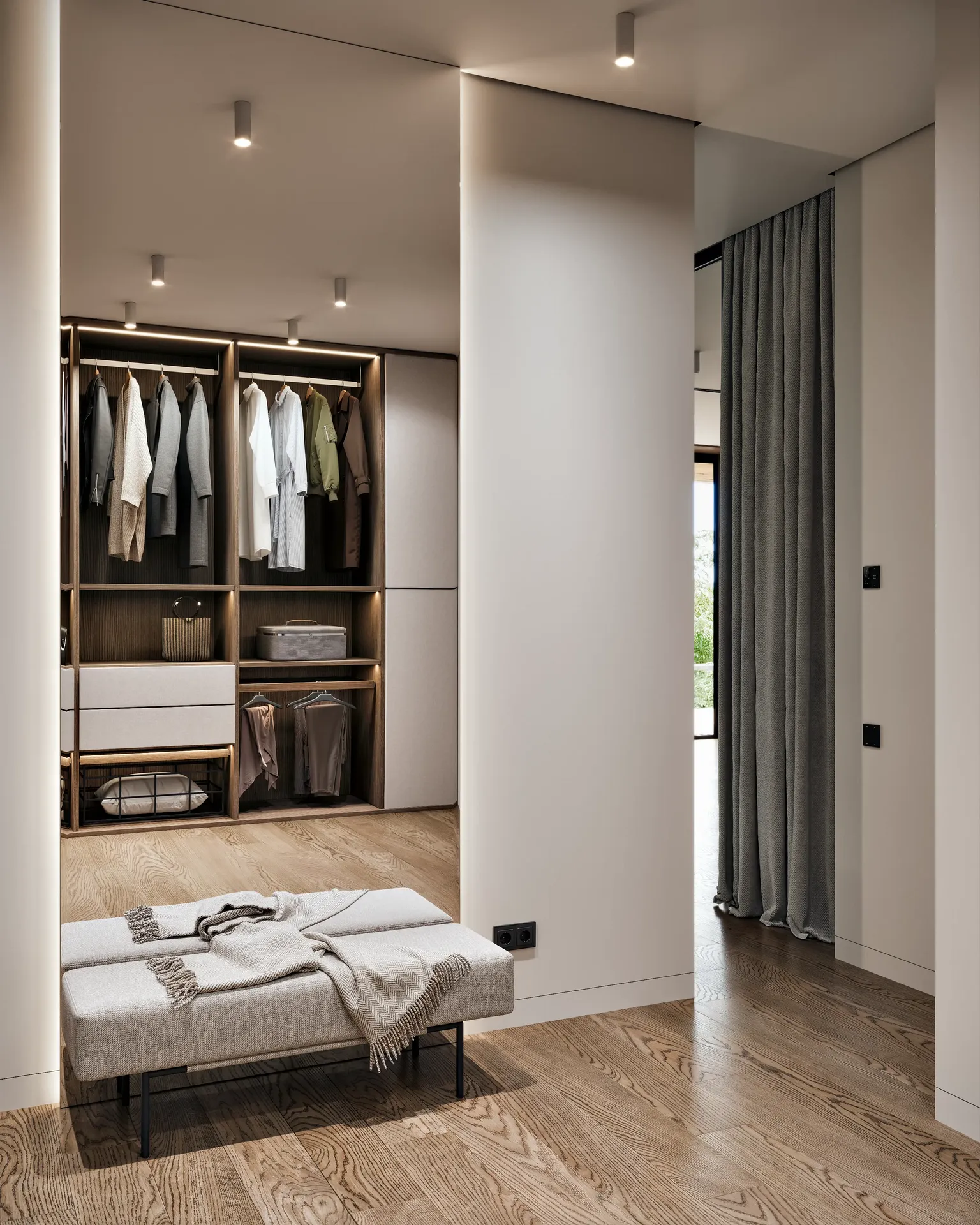 Modern walk-in closet with integrated LED lighting and full-height mirror wall. Archviz.