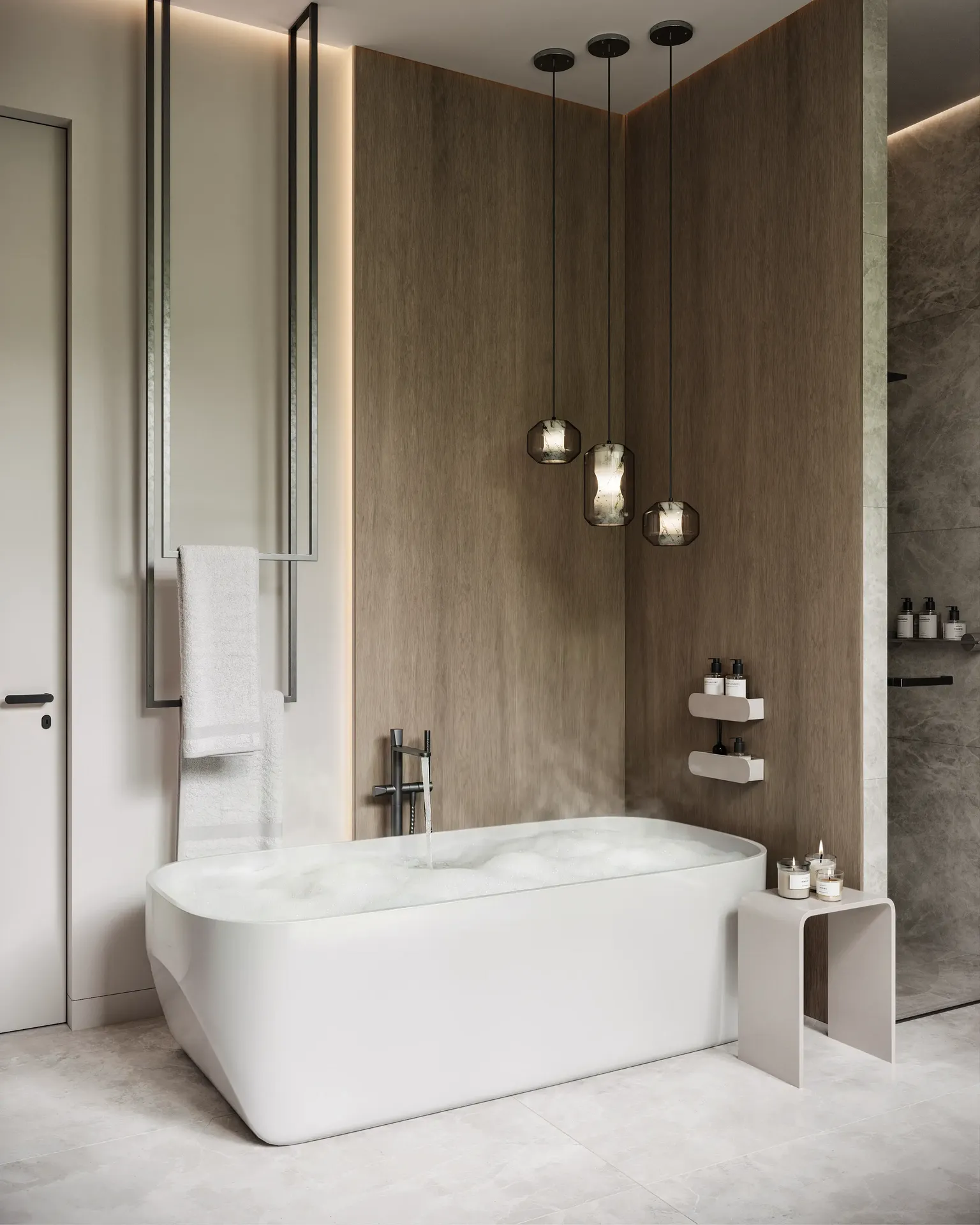 Modern spa bathroom with freestanding tub and wood wall 3D render.