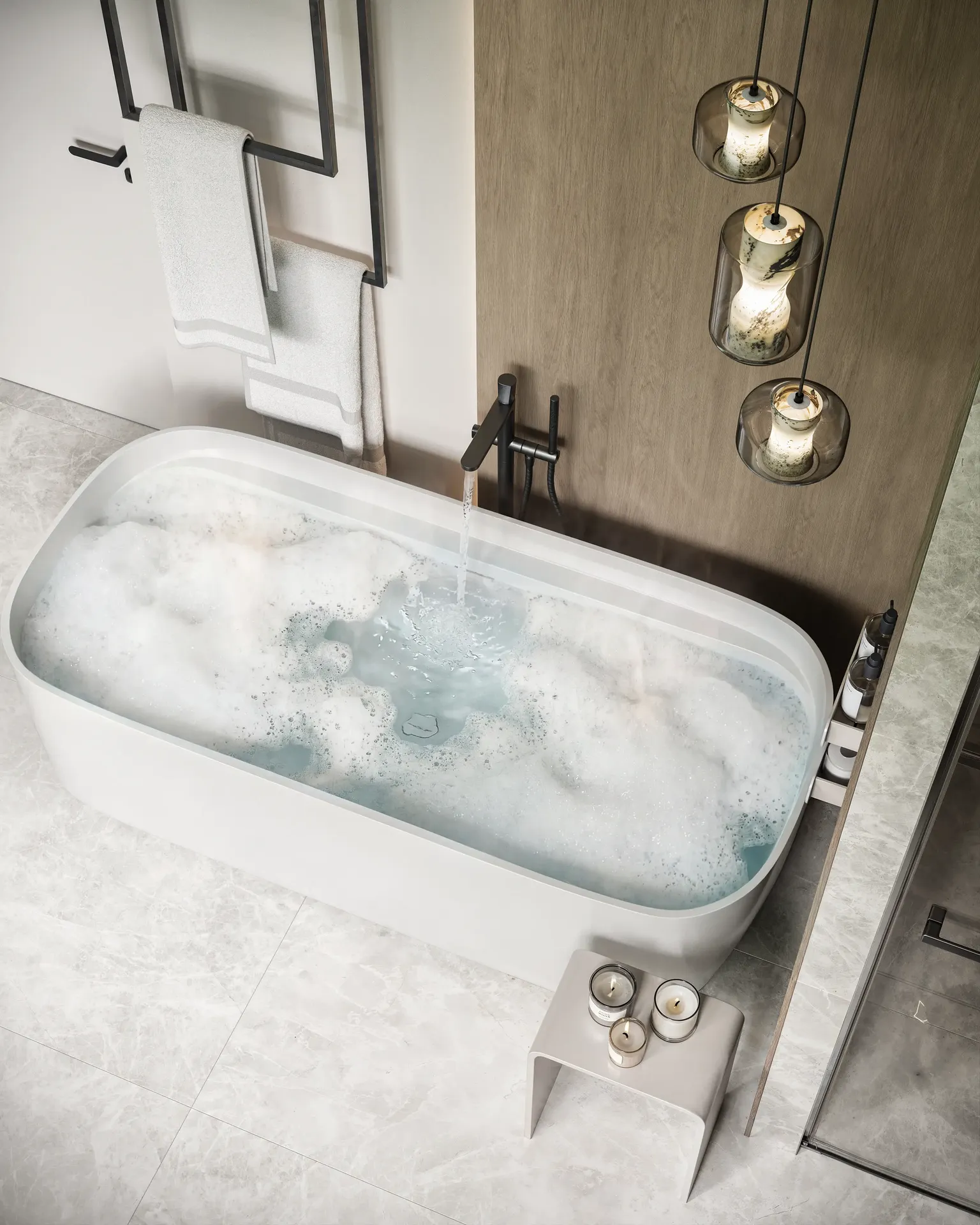 3D interior render of a luxury master bathroom with a freestanding tub and marble.