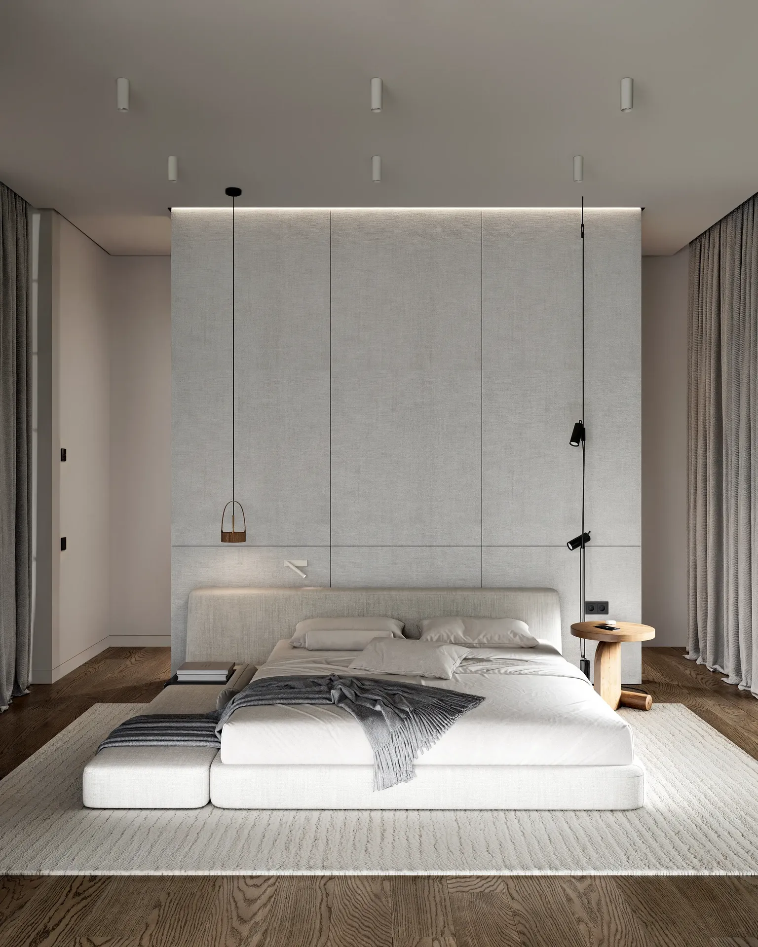 3D interior render of a master bedroom with a fabric paneled wall and cove lighting.