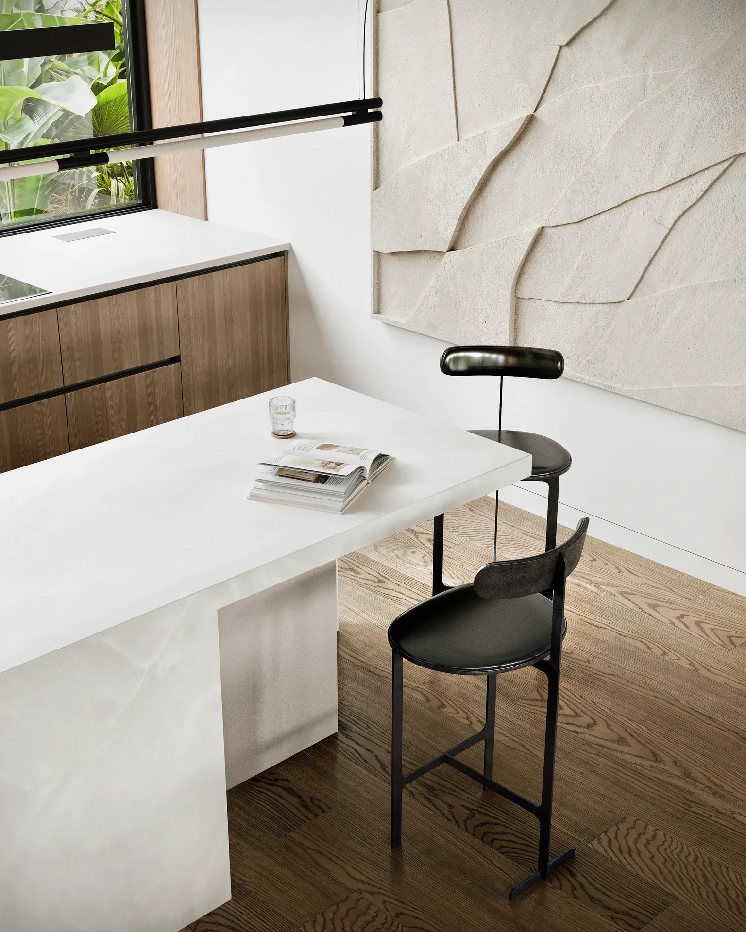 3D interior render of a marble kitchen island with black minimalist bar stools.