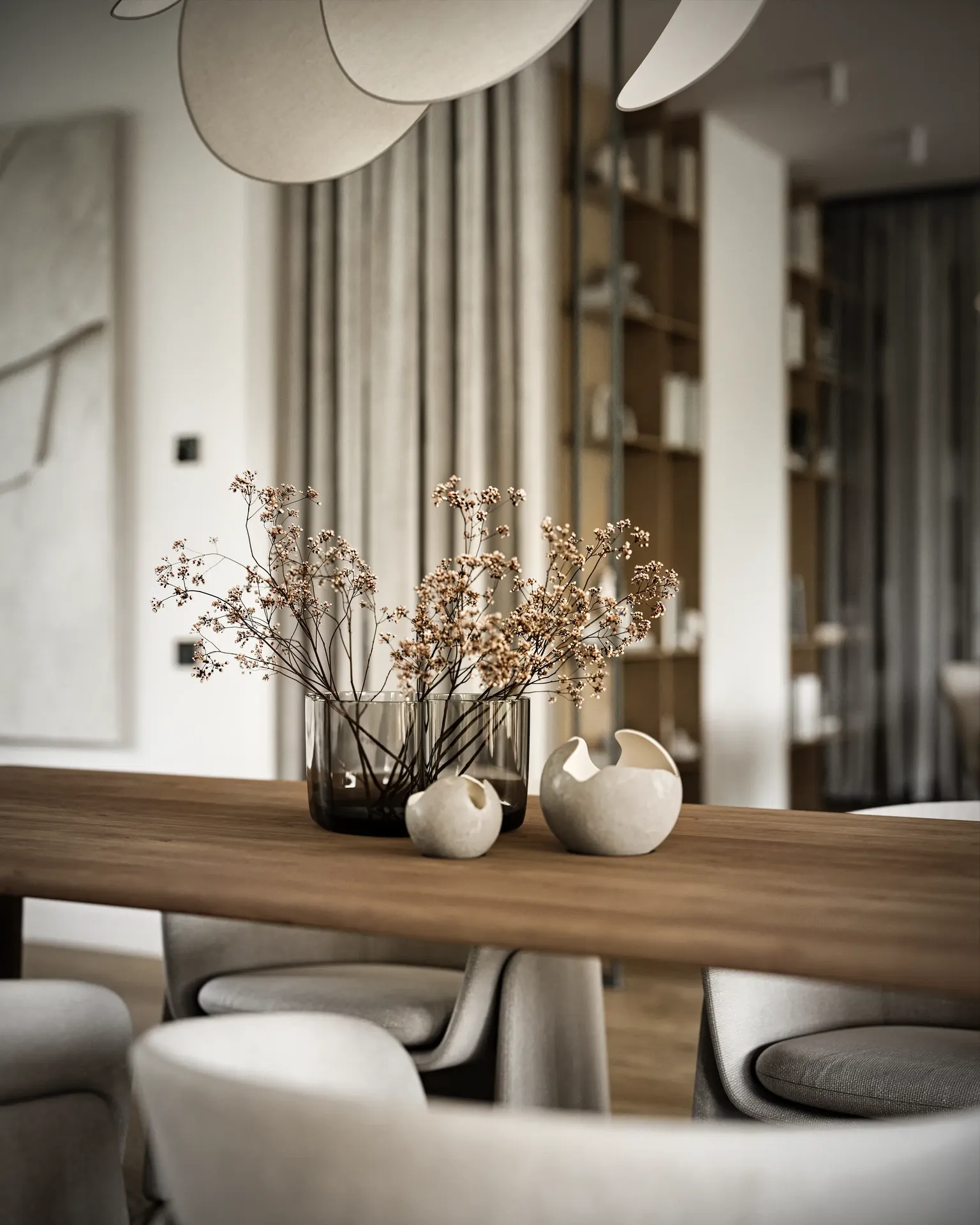 Wooden dining detail: table, dried flowers, and spheres centerpiece render.